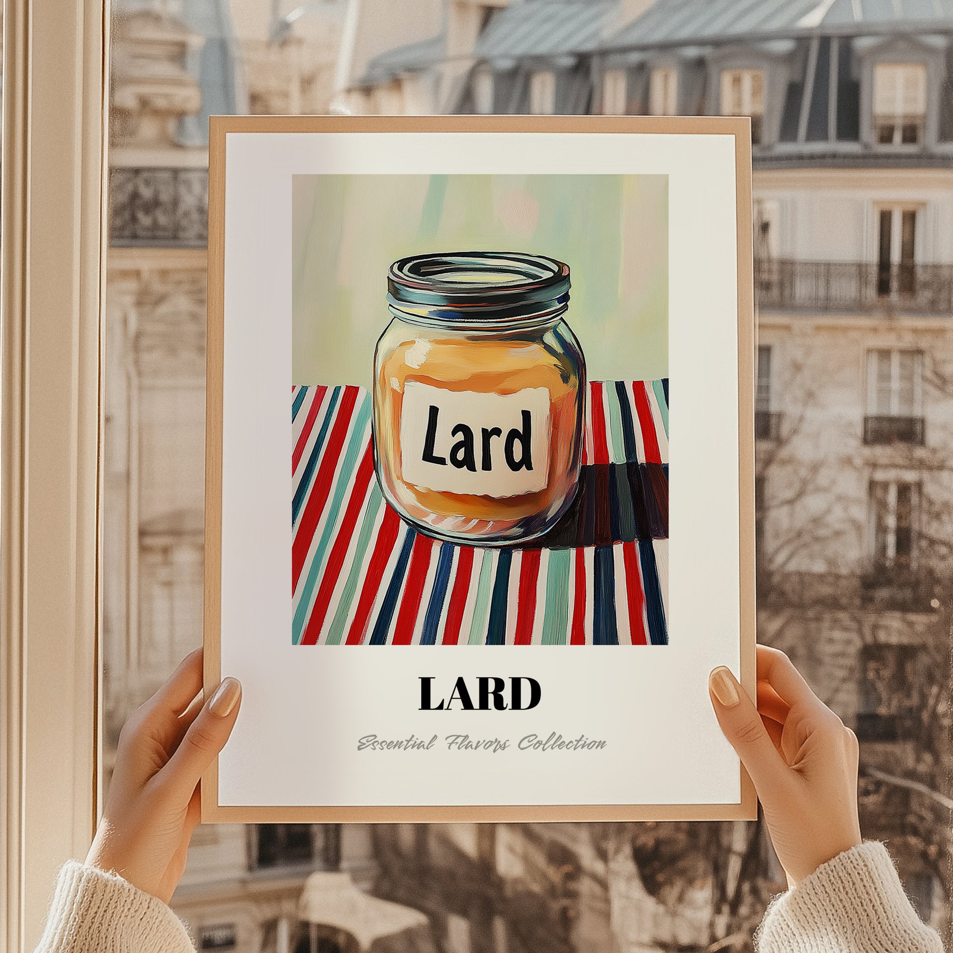 Lard – on Striped Tablecloth, Pantry Art, styled in a charming Paris street view