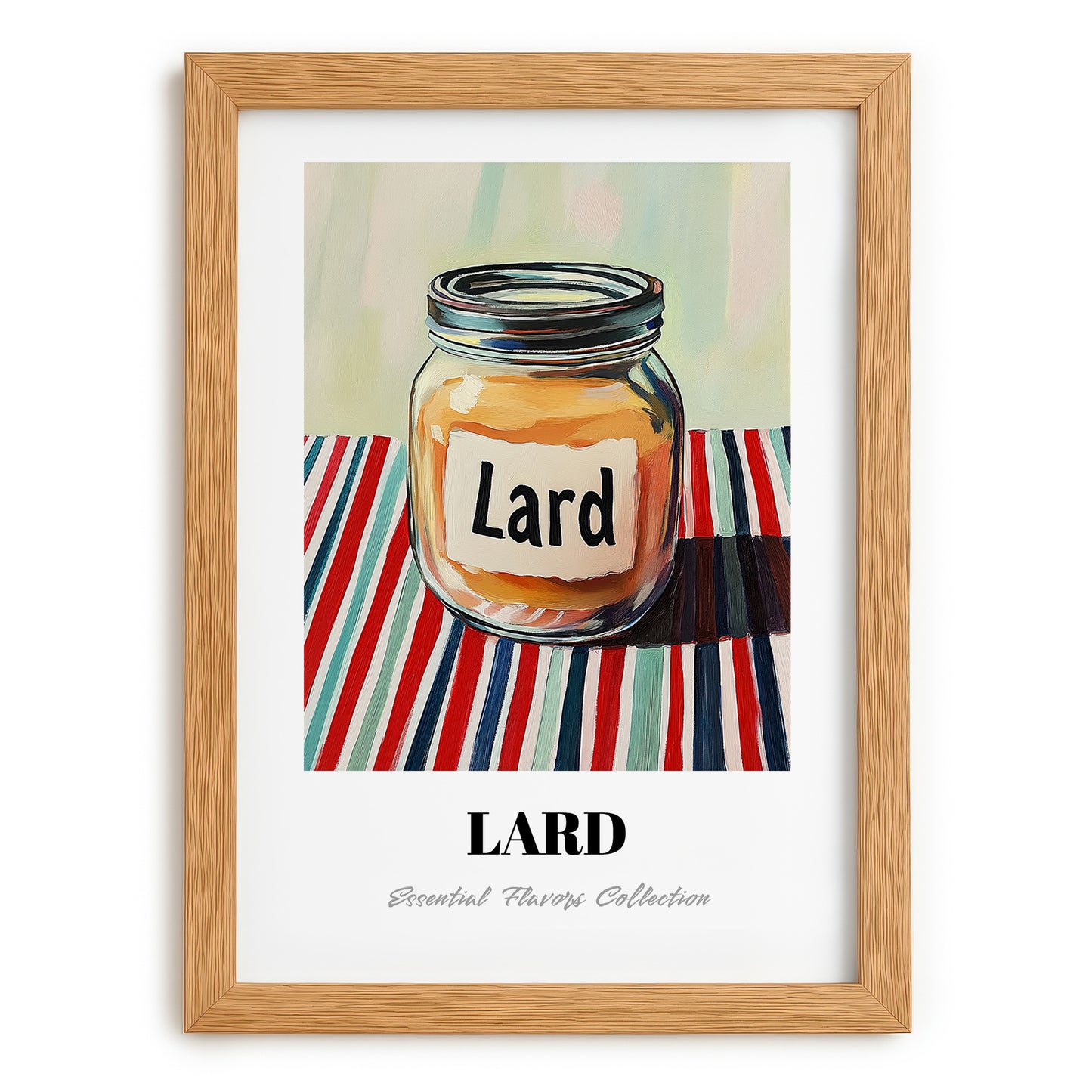 Lard – on Striped Tablecloth, Pantry Art, set in oak frame