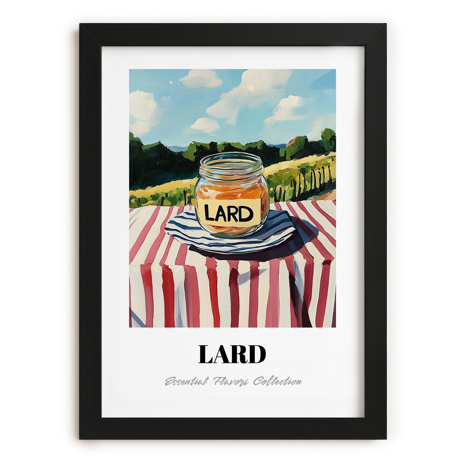 Lard – Italian Hilltop Table Scene, Pantry Wall Decor, in sleek black frame