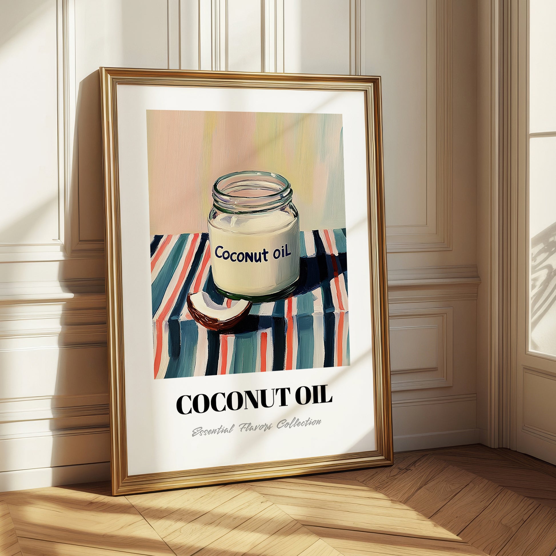 Coconut Oil – on Striped Tablecloth, Shelf Stock Wall Decor