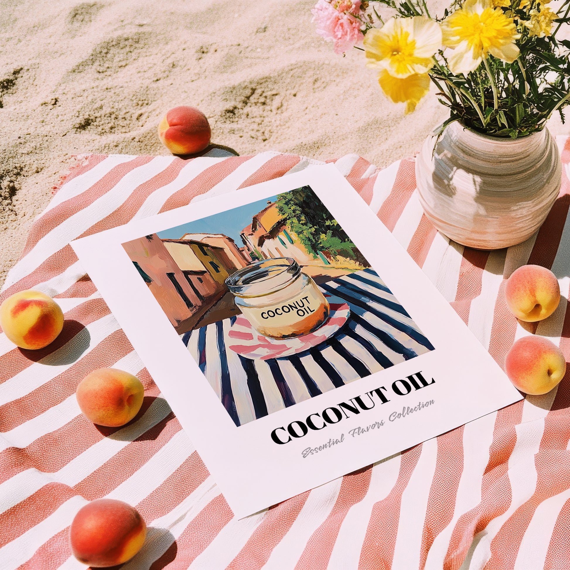 Coconut Oil – Italian Outdoor Café Scene, Larder Illustration, unframed on coastal sand