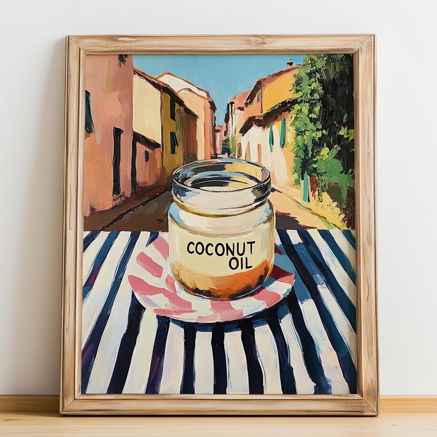 Coconut Oil – Italian Outdoor Café Scene, Larder Illustration, no-text version framed in wood
