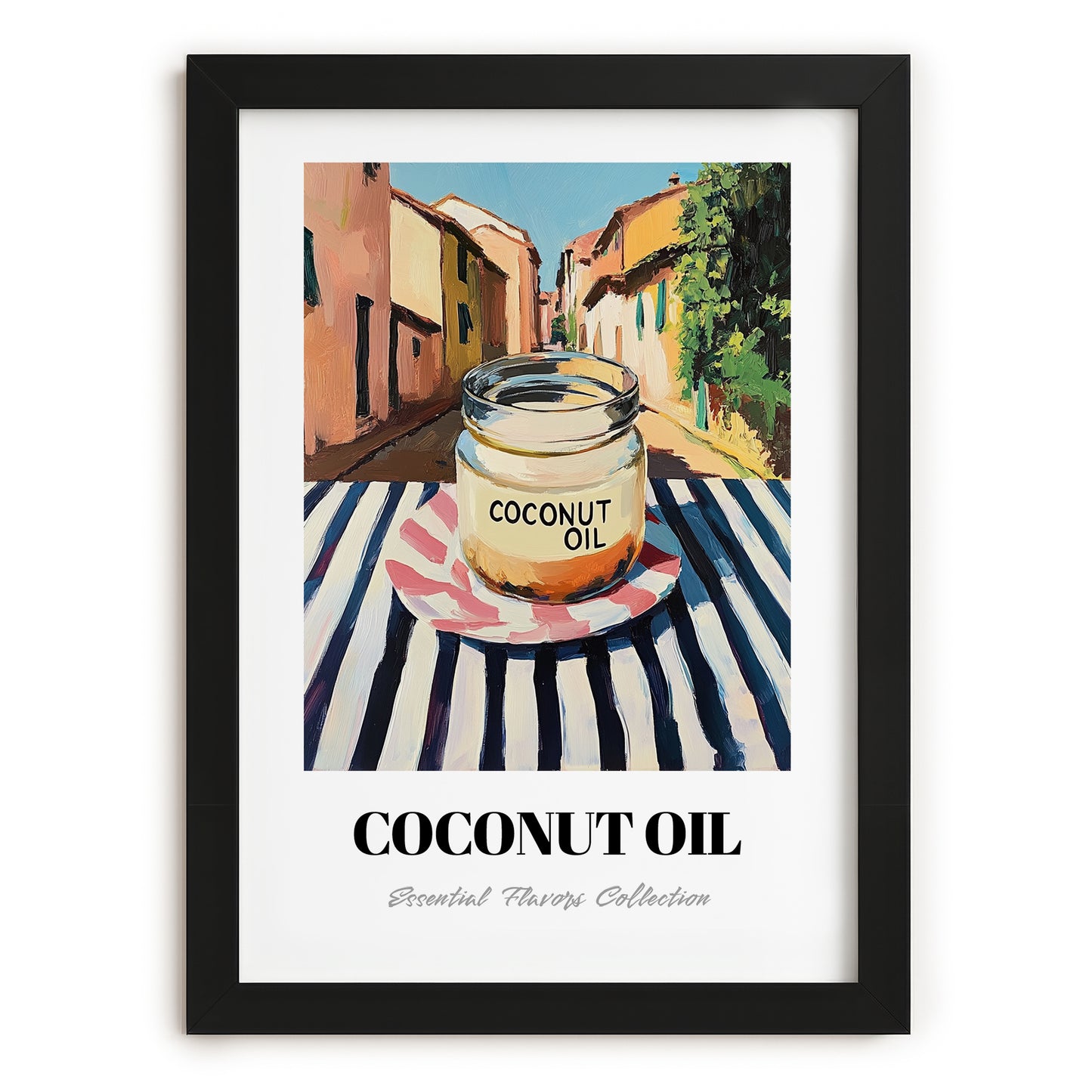 Coconut Oil – Italian Outdoor Café Scene, Larder Illustration, in sleek black frame