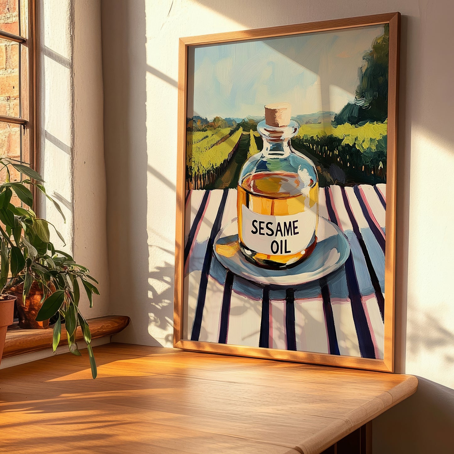 Sesame Oil – Italian Hillside Café View, Dry Goods Art, clean layout with no caption