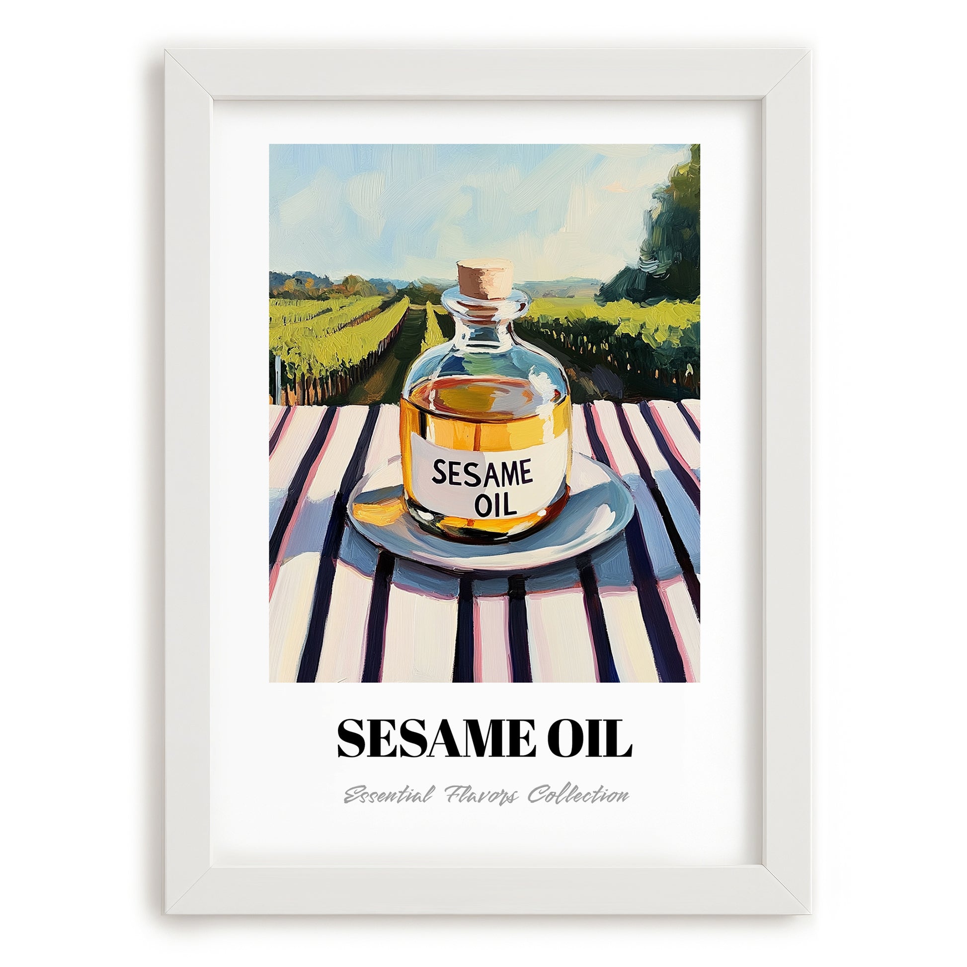 Sesame Oil – Italian Hillside Café View, Dry Goods Art, placed in minimal white frame
