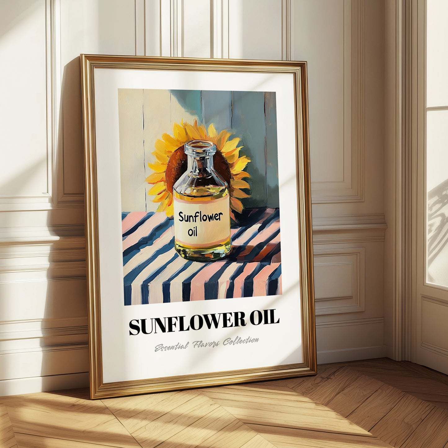 Sunflower Oil – on Striped Tablecloth, Pantry Wall Art