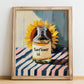 Sunflower Oil – on Striped Tablecloth, Pantry Wall Art, no-text version framed in wood