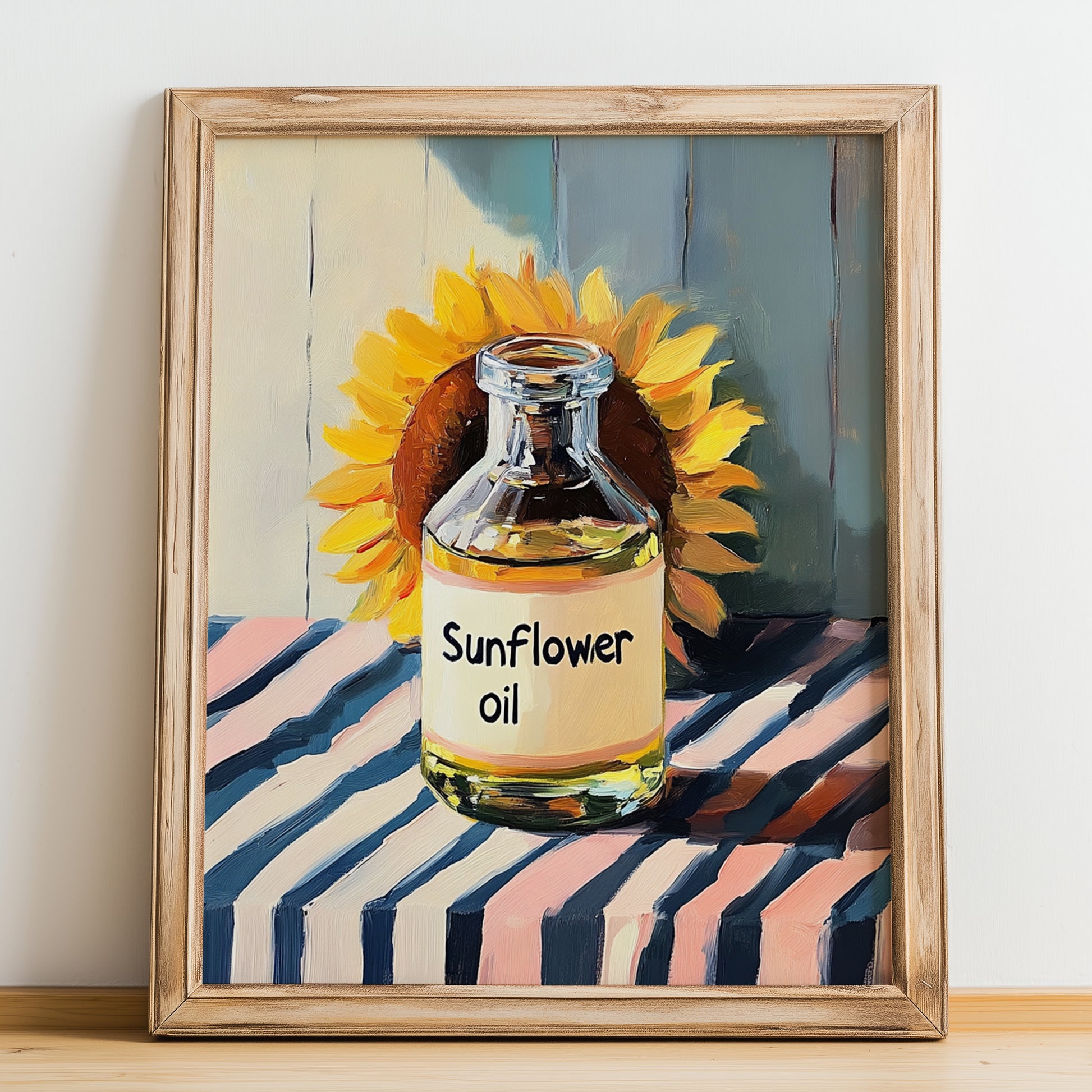 Sunflower Oil – on Striped Tablecloth, Pantry Wall Art, no-text version framed in wood