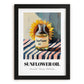 Sunflower Oil – on Striped Tablecloth, Pantry Wall Art, in sleek black frame