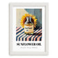 Sunflower Oil – on Striped Tablecloth, Pantry Wall Art, placed in minimal white frame