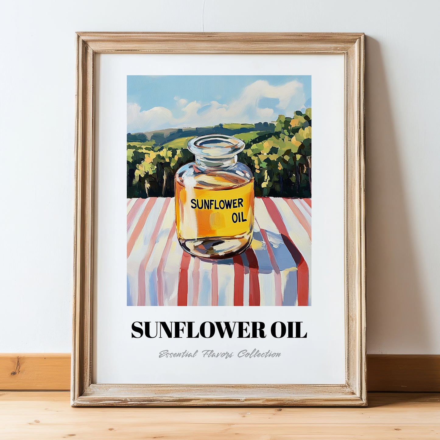 Sunflower Oil – Italian Hillside Café View, Ingredients Corner Painting, in wooden frame leaning on the floor