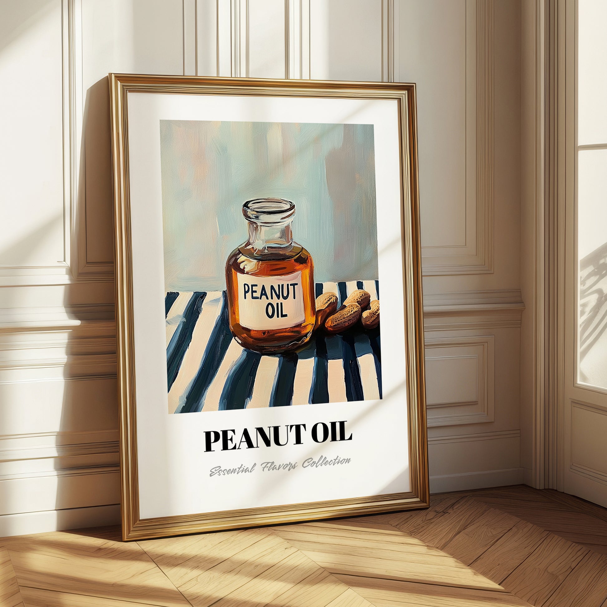 Peanut Oil – on Striped Tablecloth, Grocery Poster