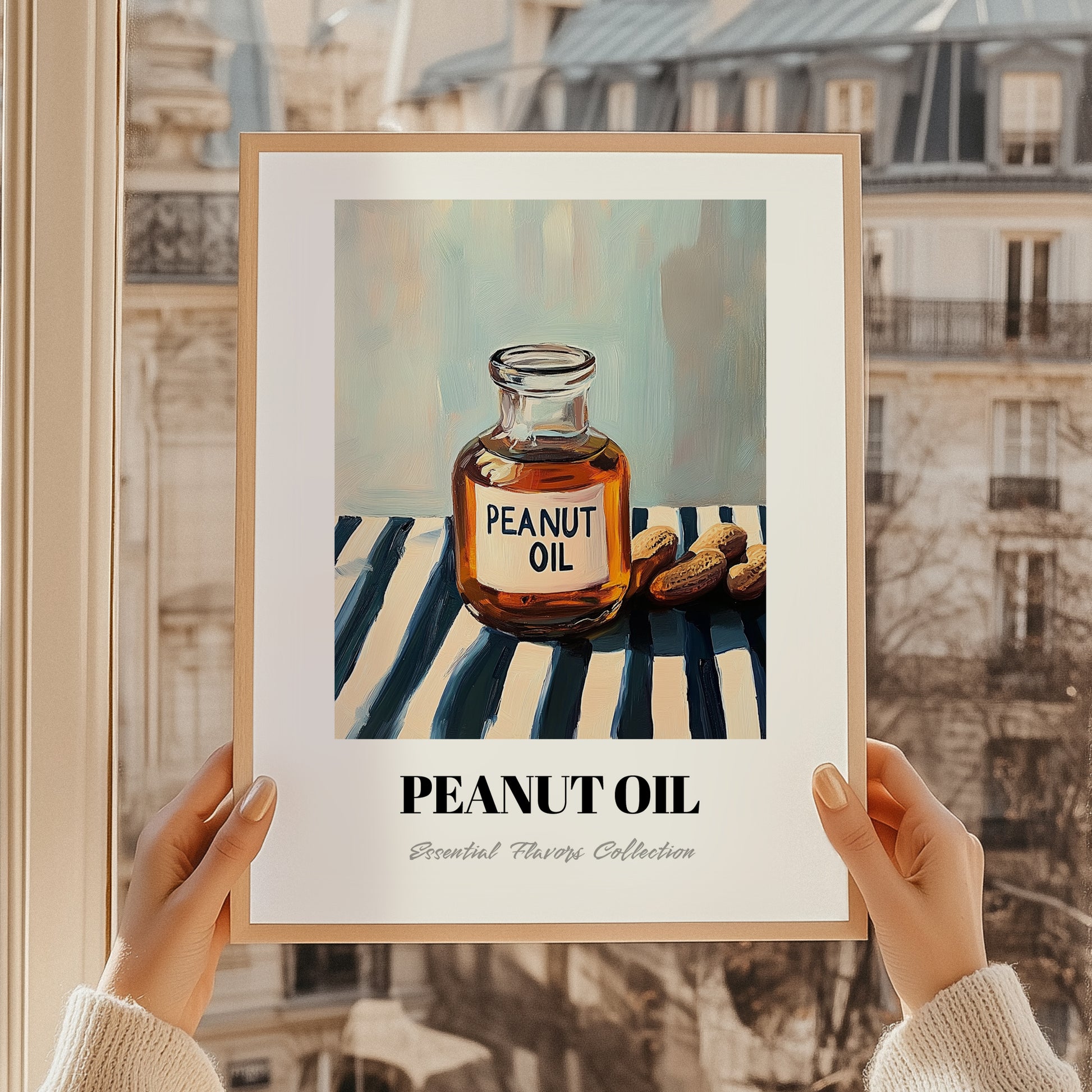 Peanut Oil – on Striped Tablecloth, Grocery Poster, styled in a charming Paris street view