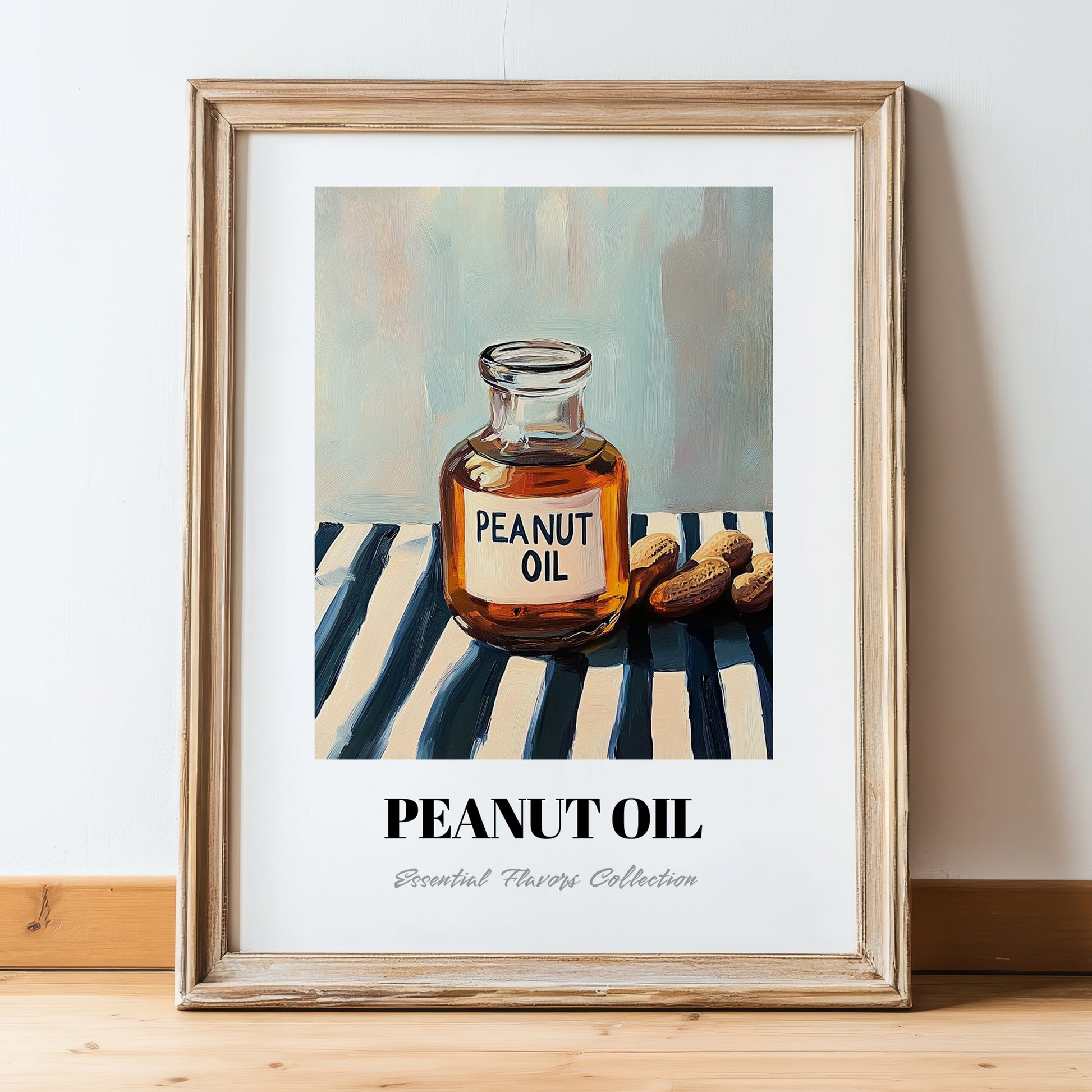 Peanut Oil – on Striped Tablecloth, Grocery Poster, in wooden frame leaning on the floor