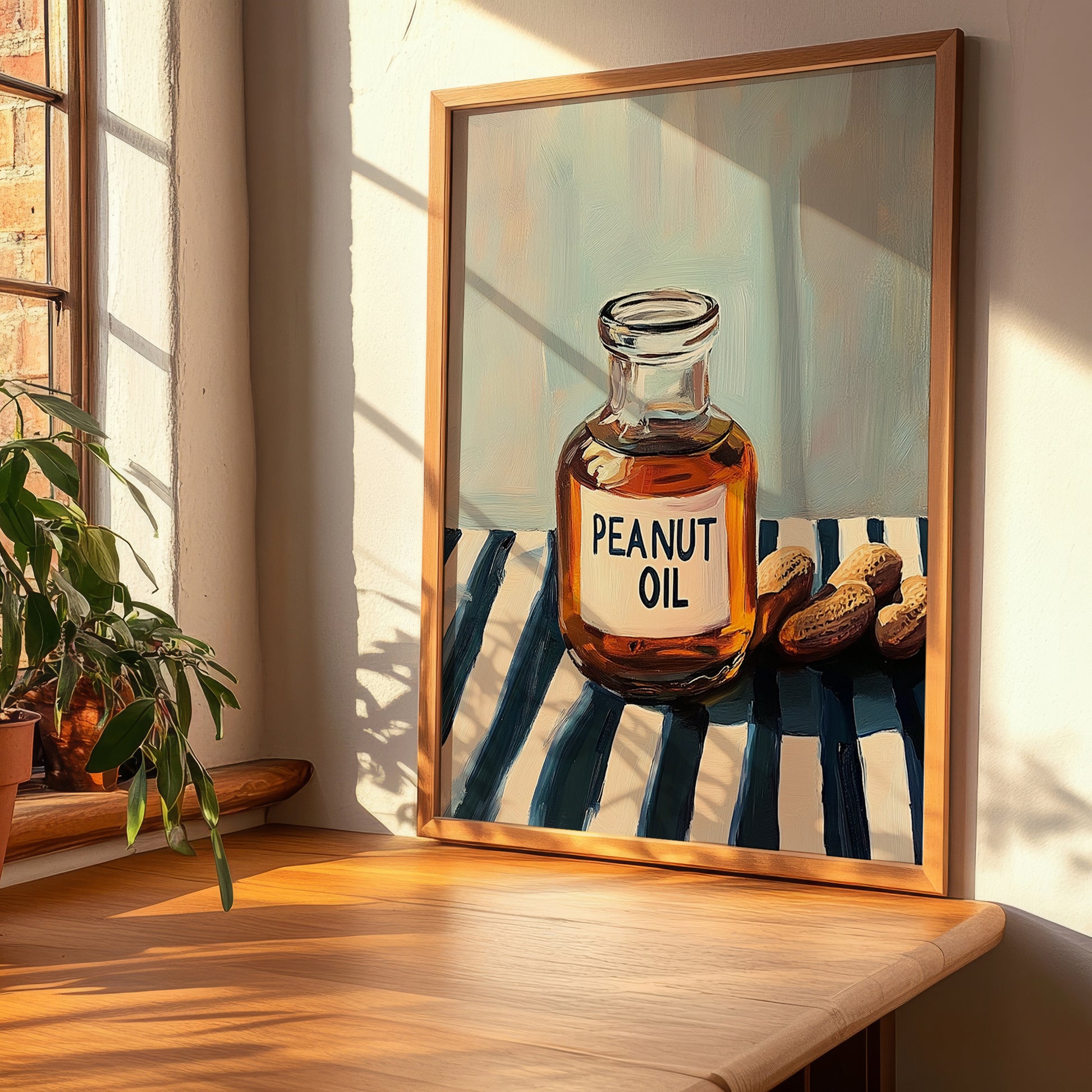 Peanut Oil – on Striped Tablecloth, Grocery Poster, clean layout with no caption