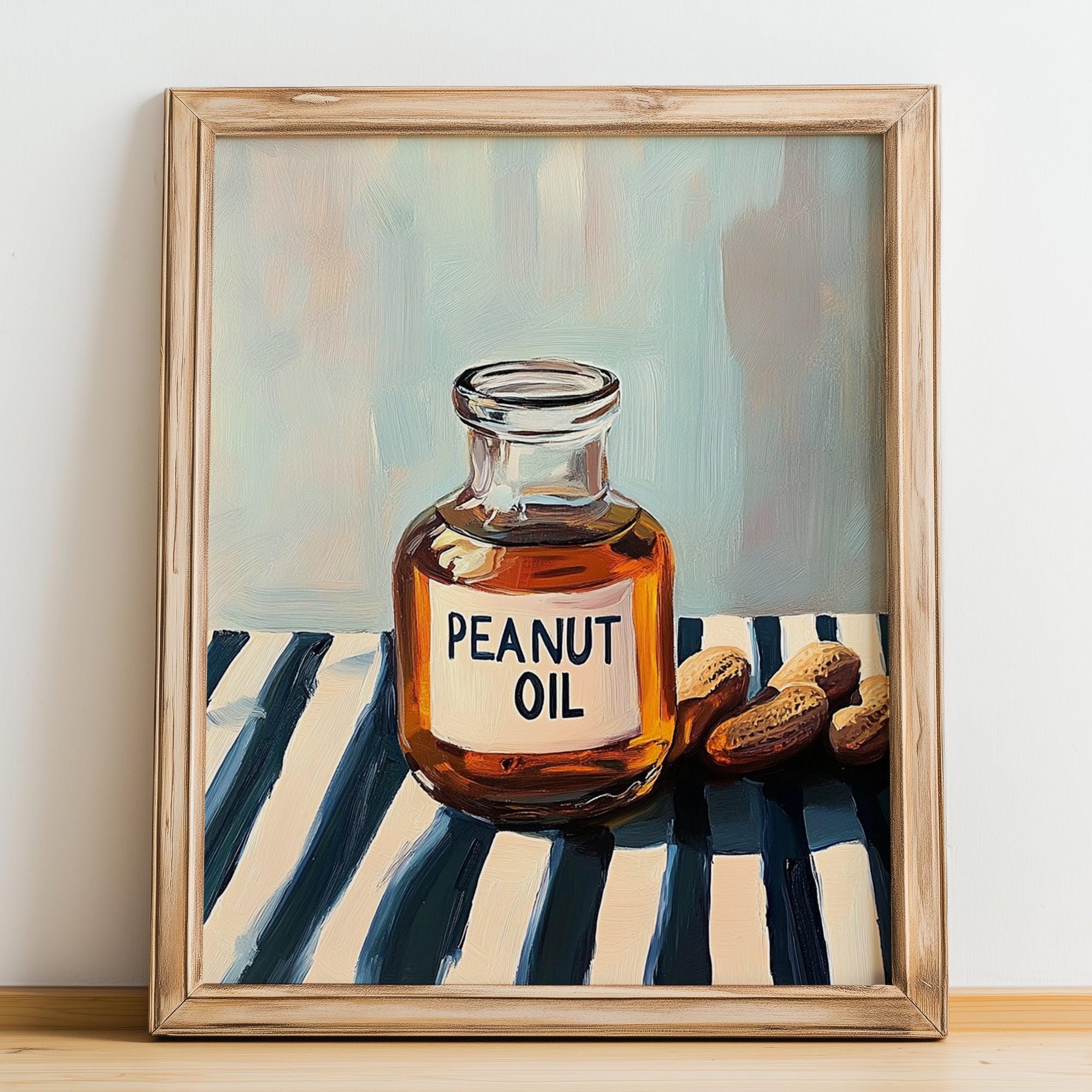 Peanut Oil – on Striped Tablecloth, Grocery Poster, no-text version framed in wood