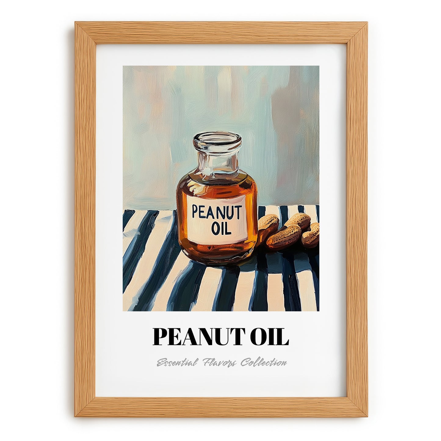 Peanut Oil – on Striped Tablecloth, Grocery Poster, set in oak frame