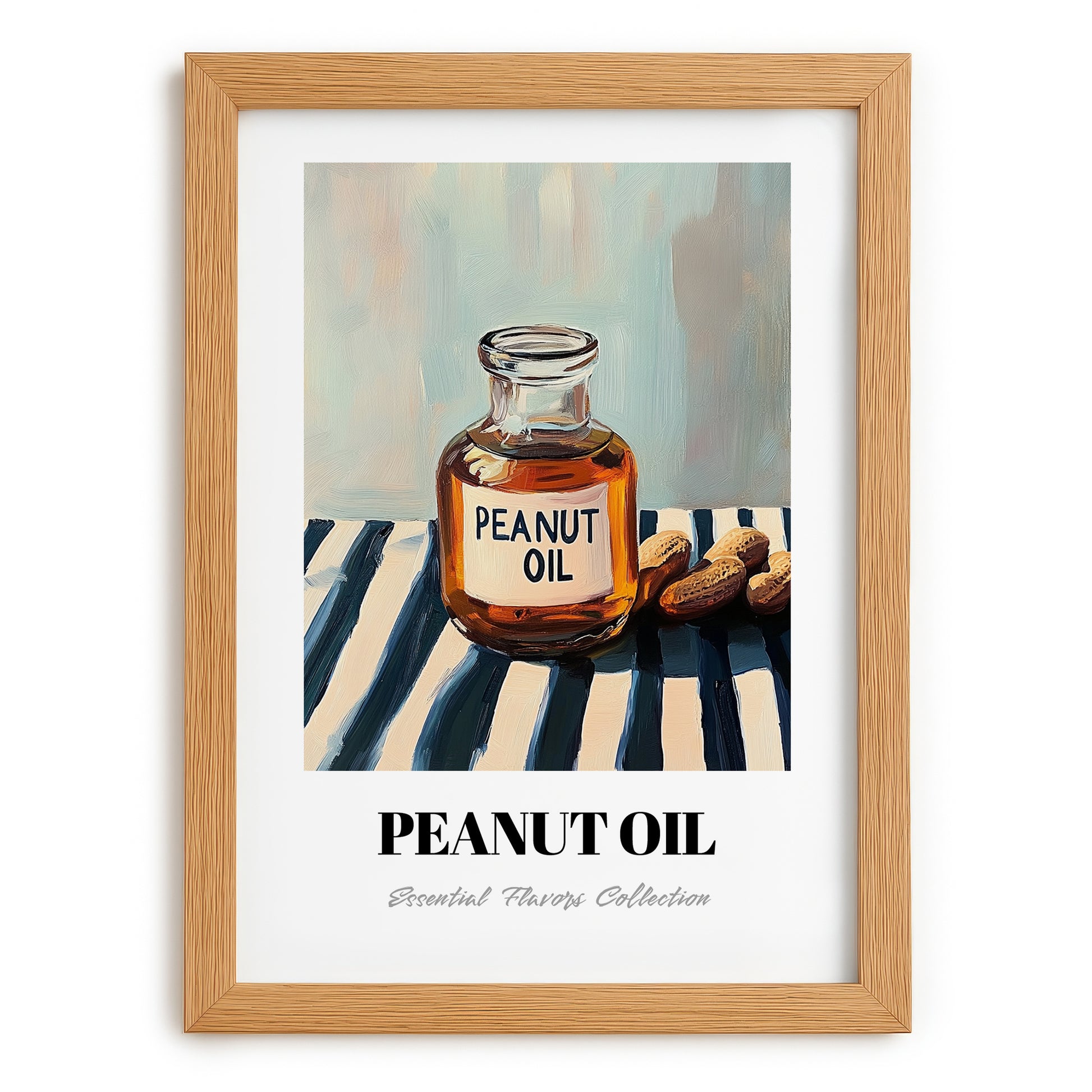 Peanut Oil – on Striped Tablecloth, Grocery Poster, set in oak frame