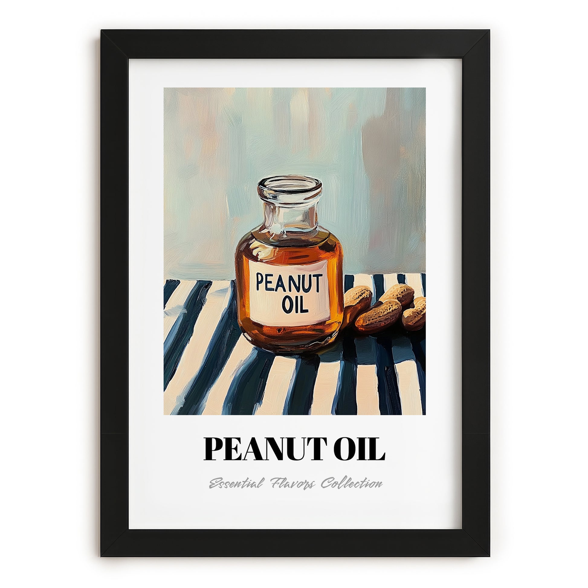 Peanut Oil – on Striped Tablecloth, Grocery Poster, in sleek black frame