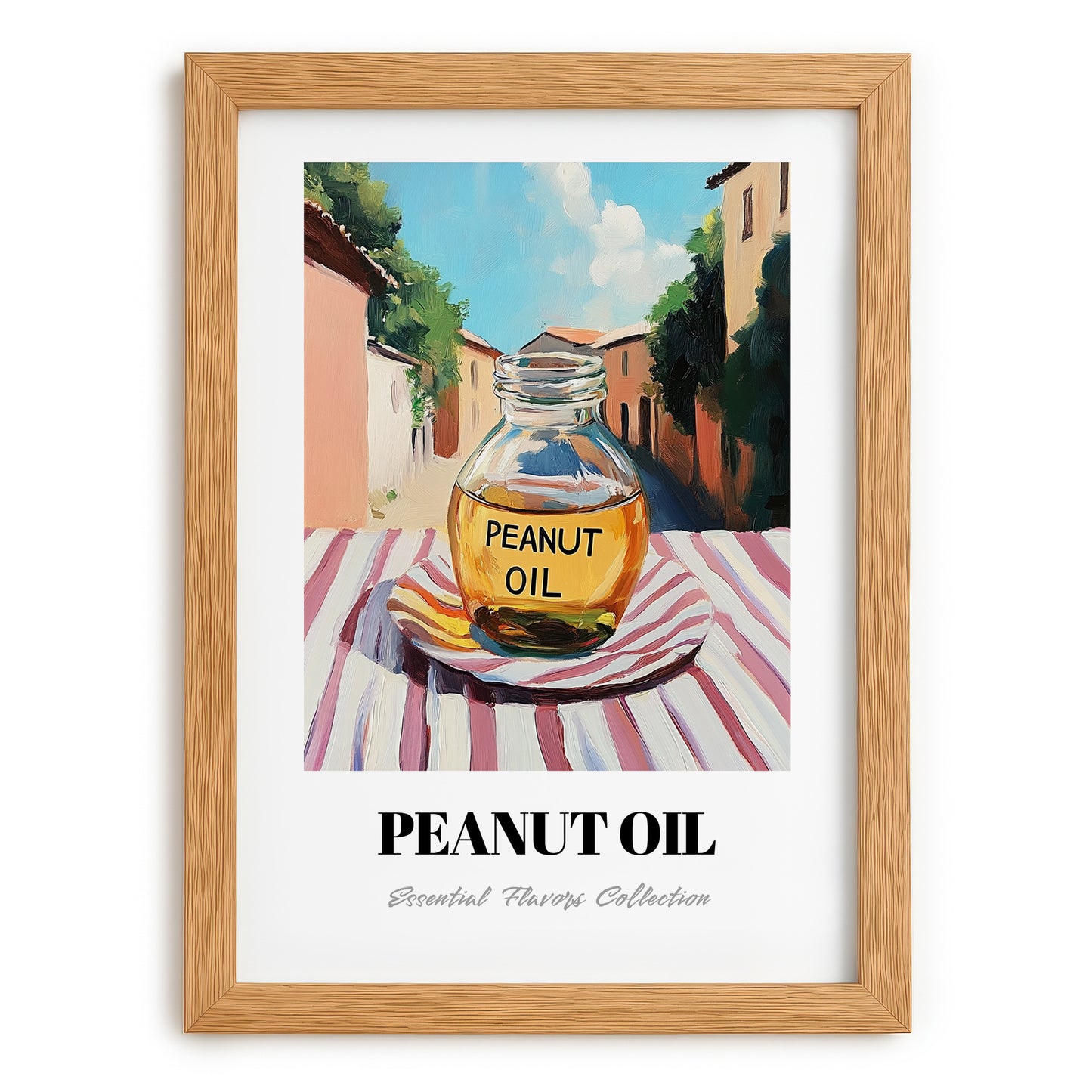Peanut Oil – Italian Street Café Scene, Pantry Wall Art, set in oak frame