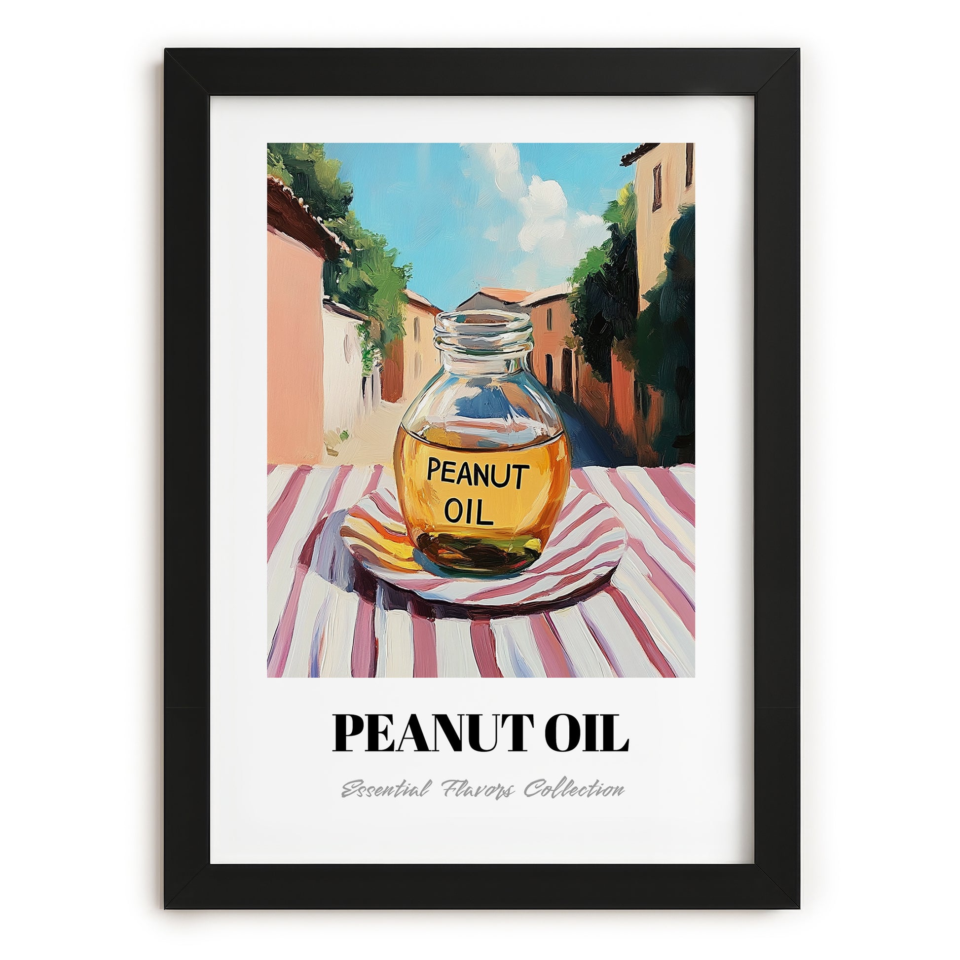 Peanut Oil – Italian Street Café Scene, Pantry Wall Art, in sleek black frame