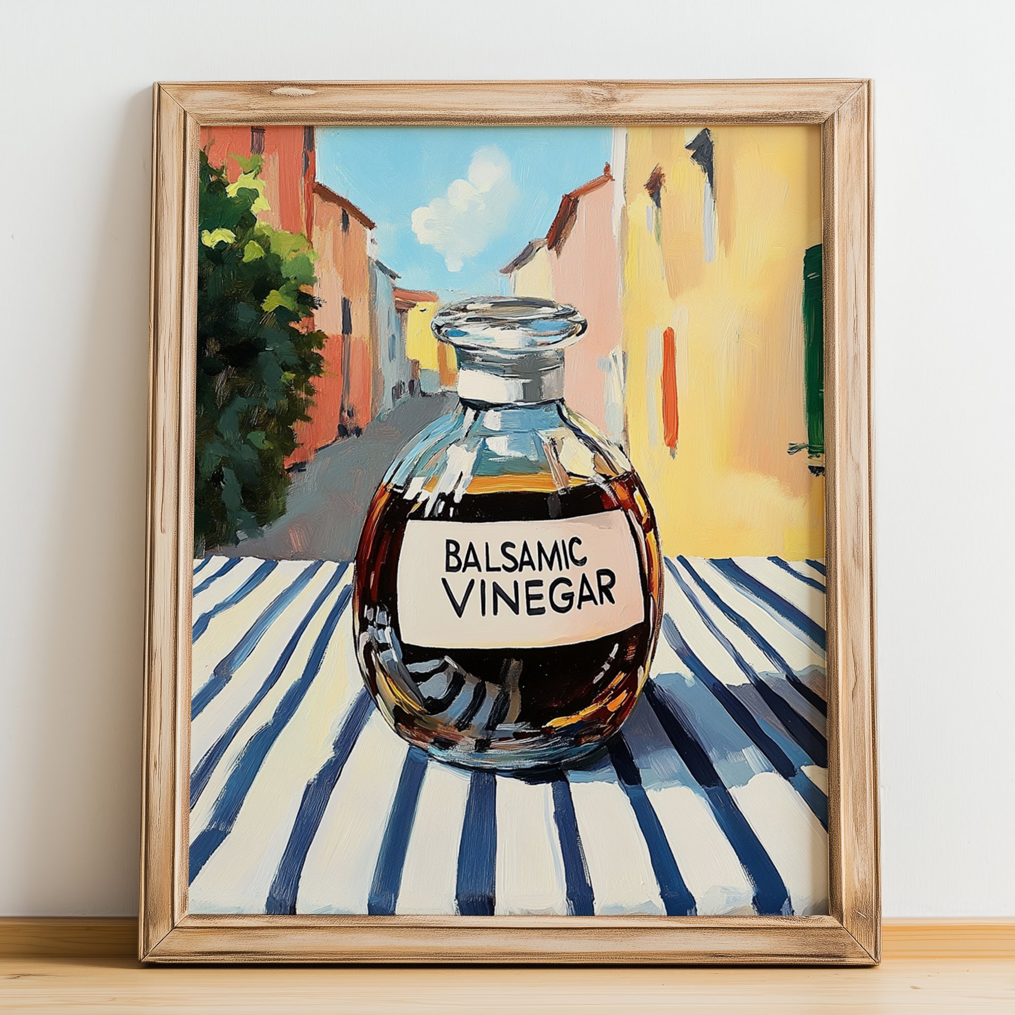 Balsamic Vinegar – Italian Outdoor Café Scene, Pantry Still Life, no-text version framed in wood
