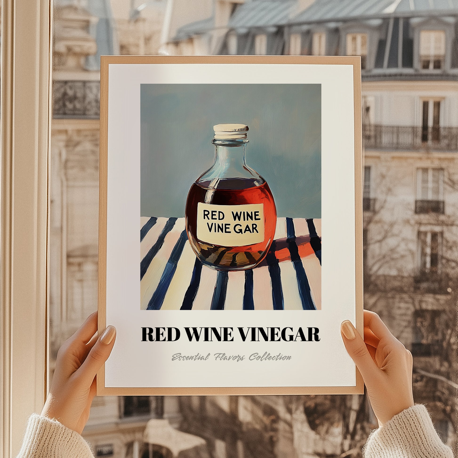 Red Wine Vinegar – on Striped Tablecloth, Shelf Stock Wall Decor, styled in a charming Paris street view