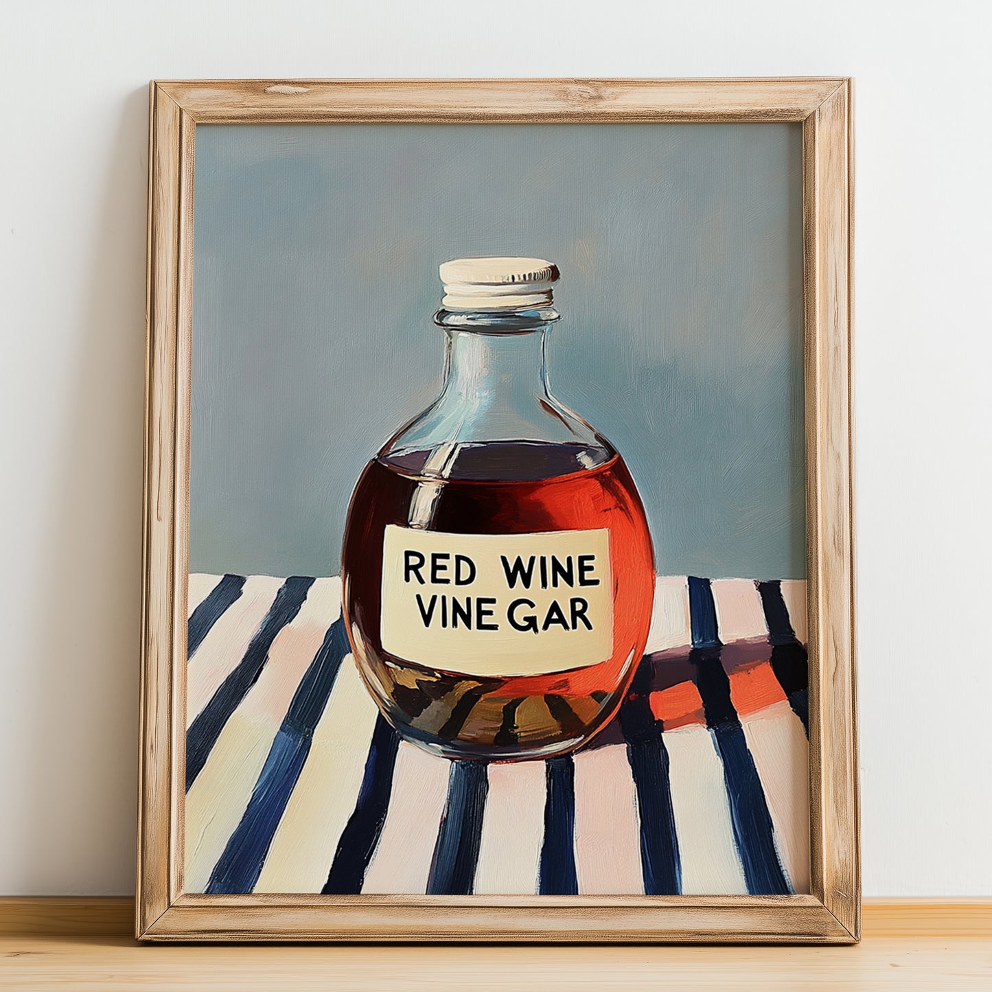 Red Wine Vinegar – on Striped Tablecloth, Shelf Stock Wall Decor, no-text version framed in wood