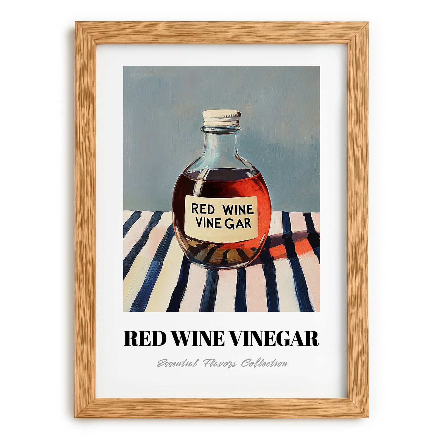 Red Wine Vinegar – on Striped Tablecloth, Shelf Stock Wall Decor, set in oak frame