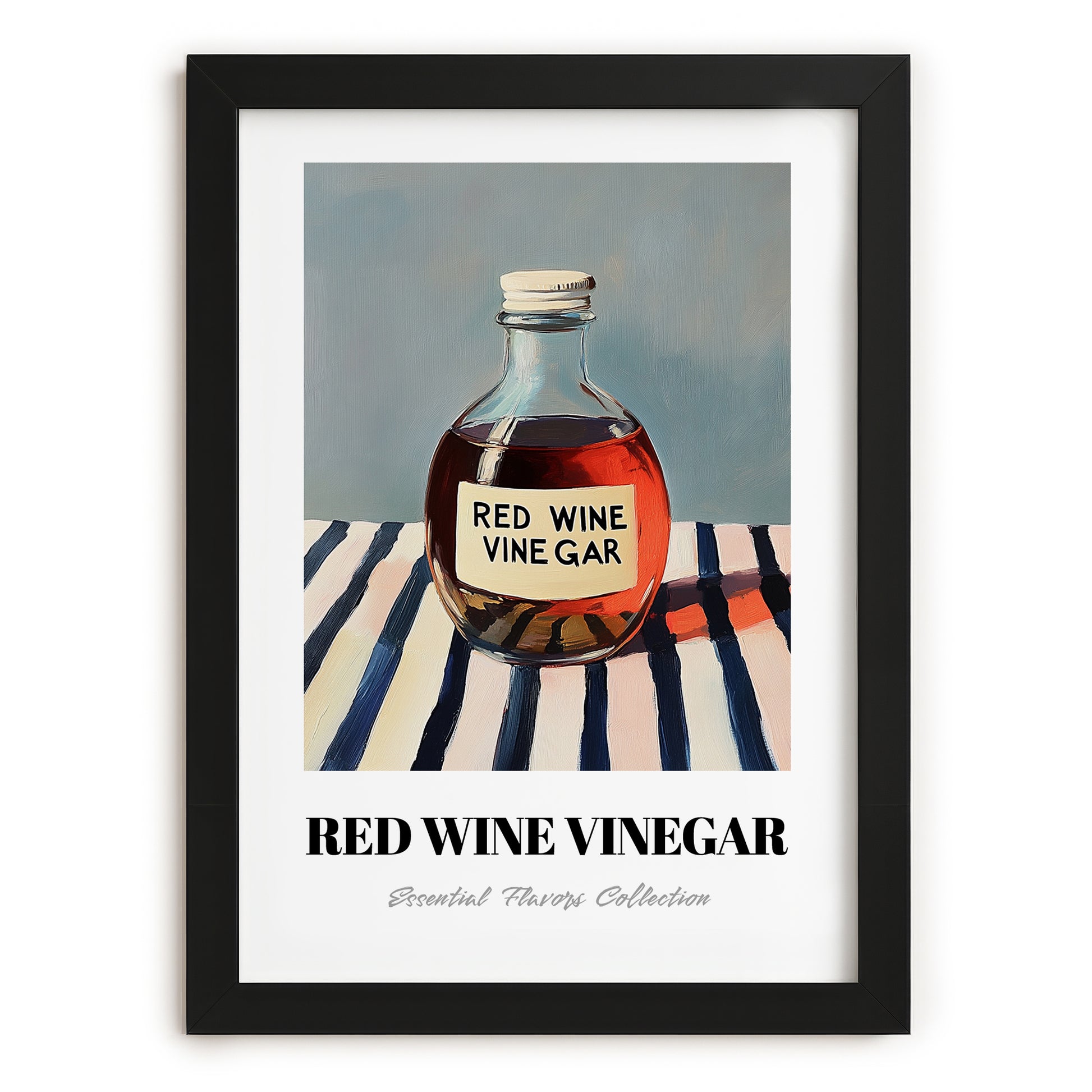 Red Wine Vinegar – on Striped Tablecloth, Shelf Stock Wall Decor, in sleek black frame