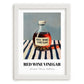 Red Wine Vinegar – on Striped Tablecloth, Shelf Stock Wall Decor, placed in minimal white frame