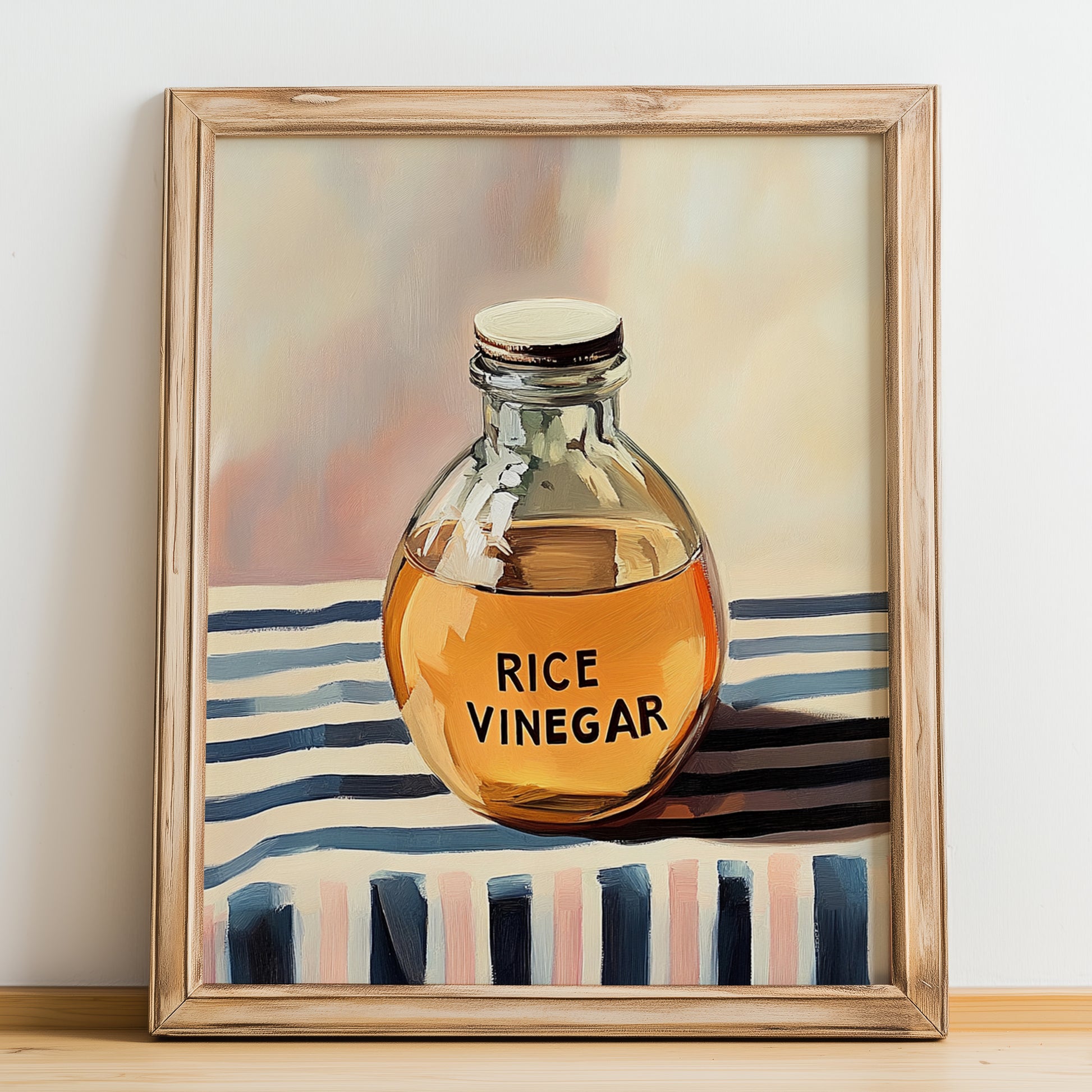 Rice Vinegar – on Striped Tablecloth, Pantry Painting, no-text version framed in wood