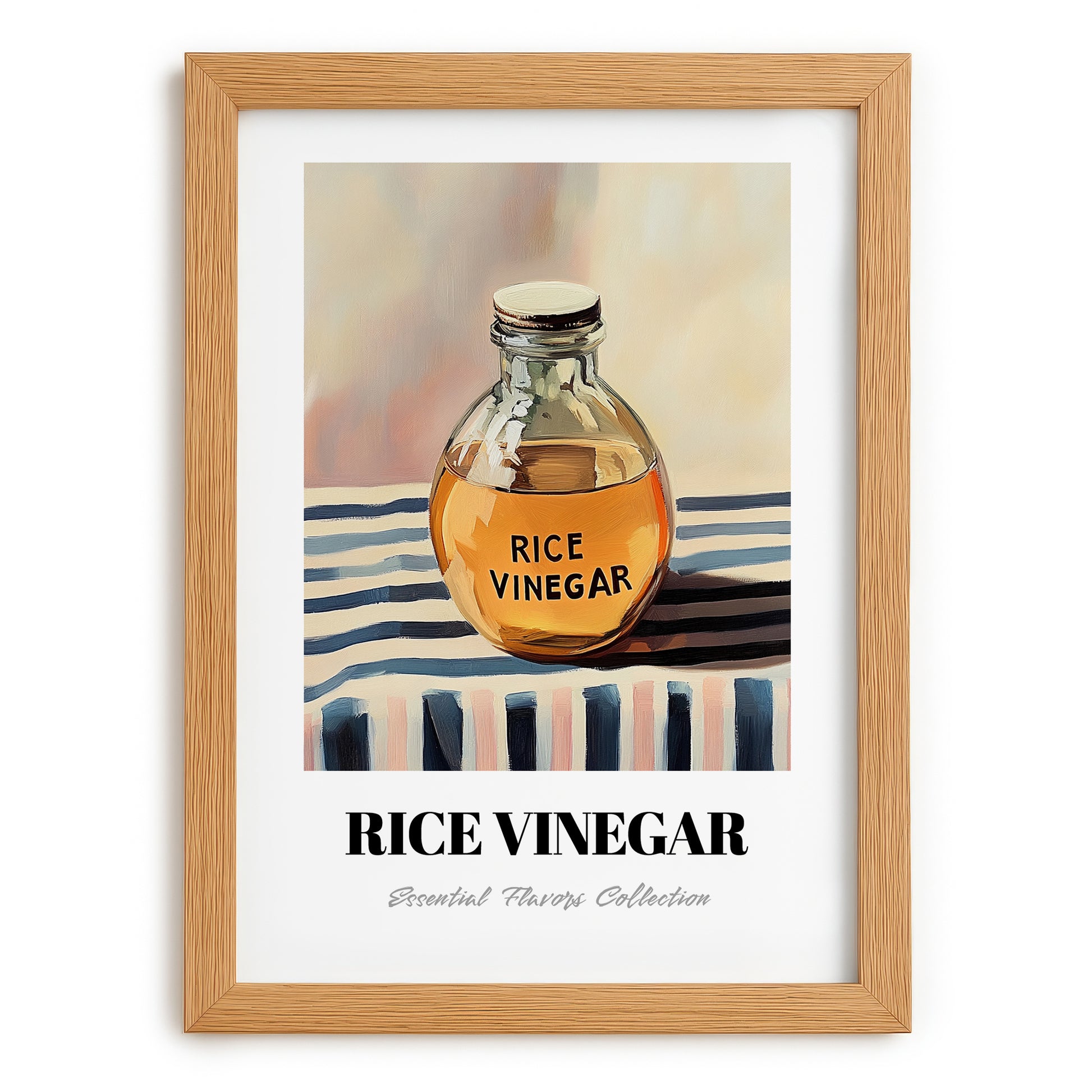 Rice Vinegar – on Striped Tablecloth, Pantry Painting, set in oak frame