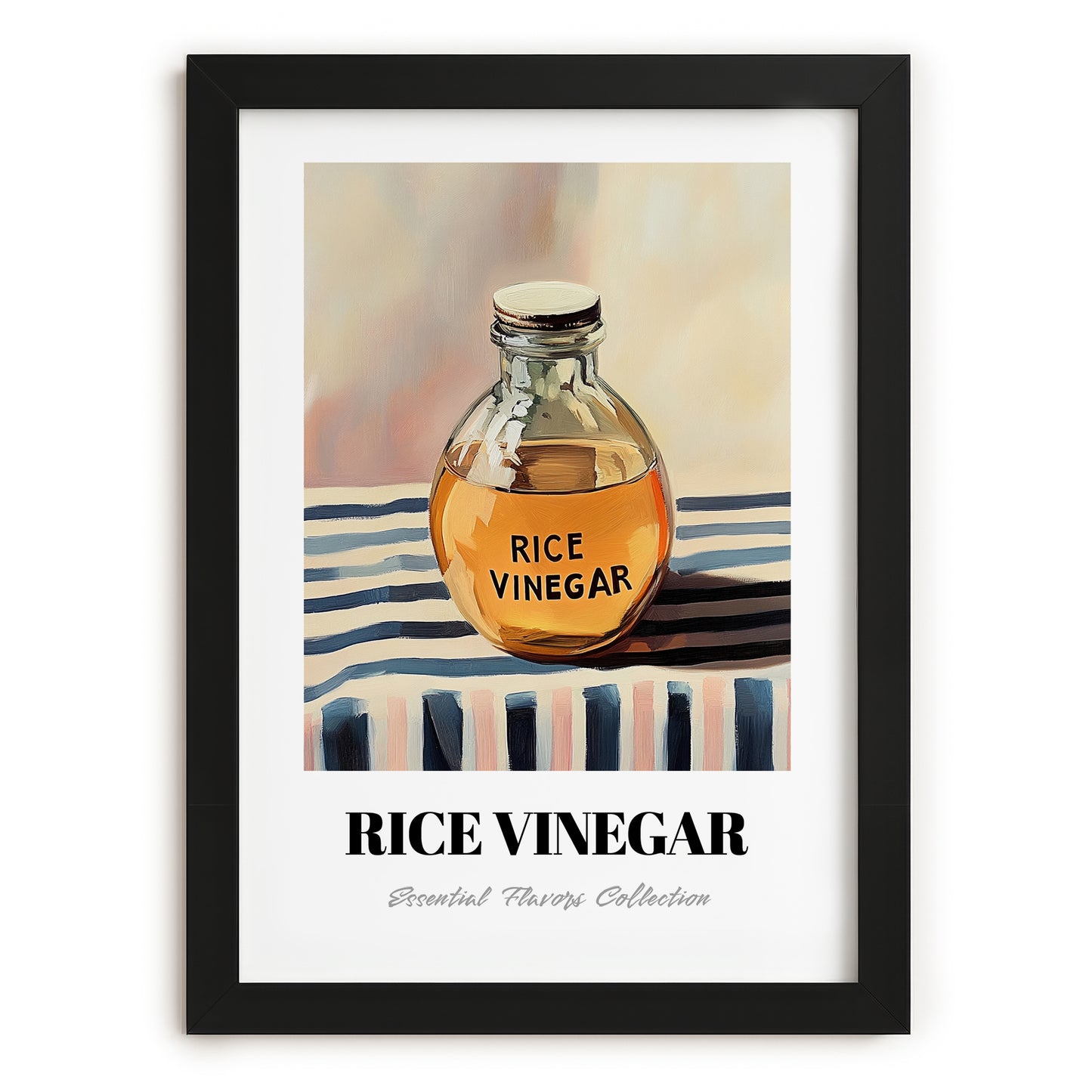 Rice Vinegar – on Striped Tablecloth, Pantry Painting, in sleek black frame