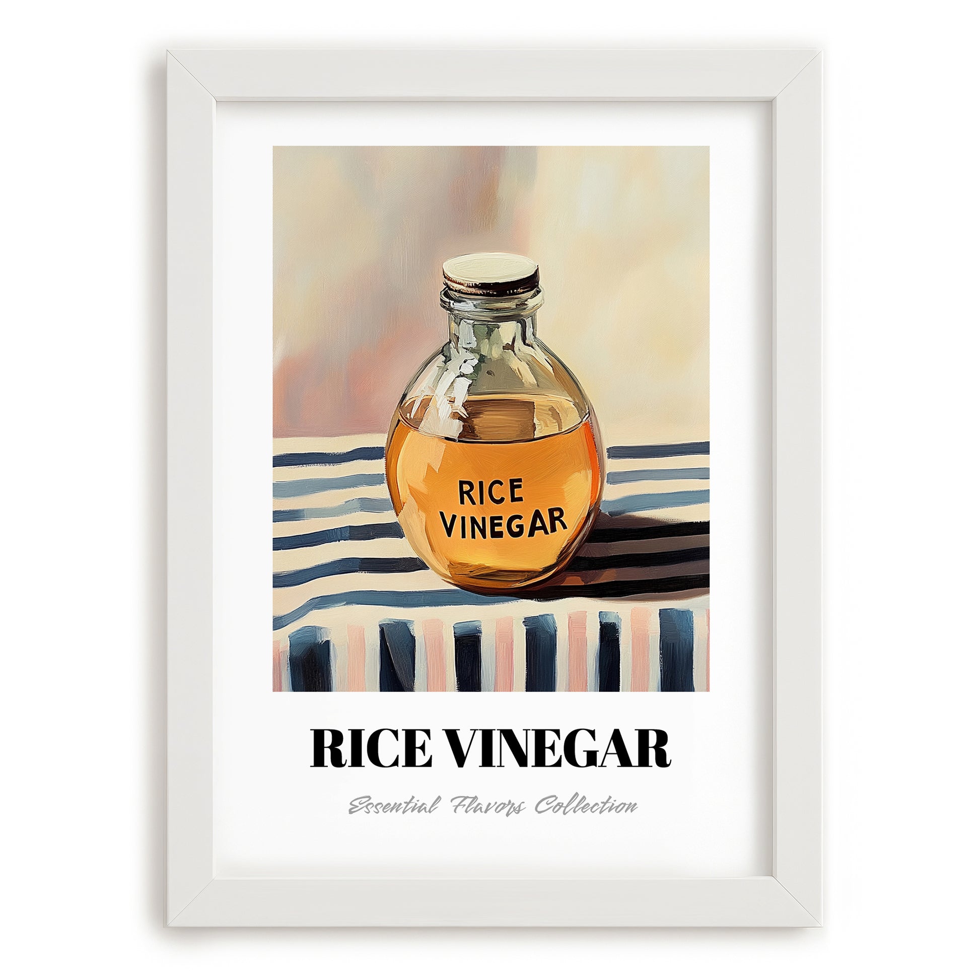 Rice Vinegar – on Striped Tablecloth, Pantry Painting, placed in minimal white frame
