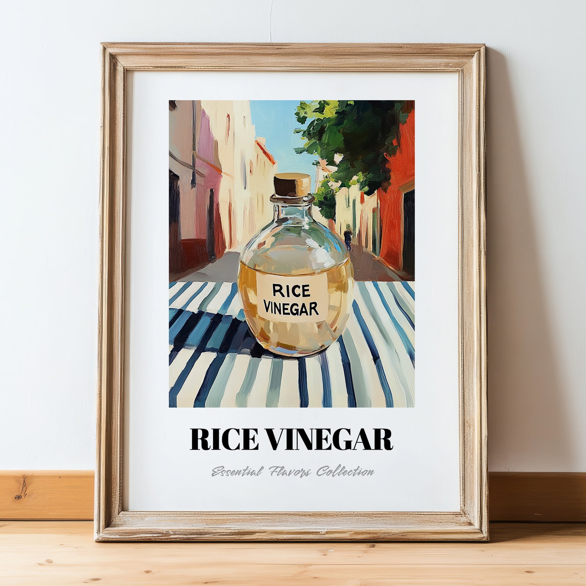 Rice Vinegar – Italian Outdoor Café Scene, Shelf Stock Still Life, in wooden frame leaning on the floor