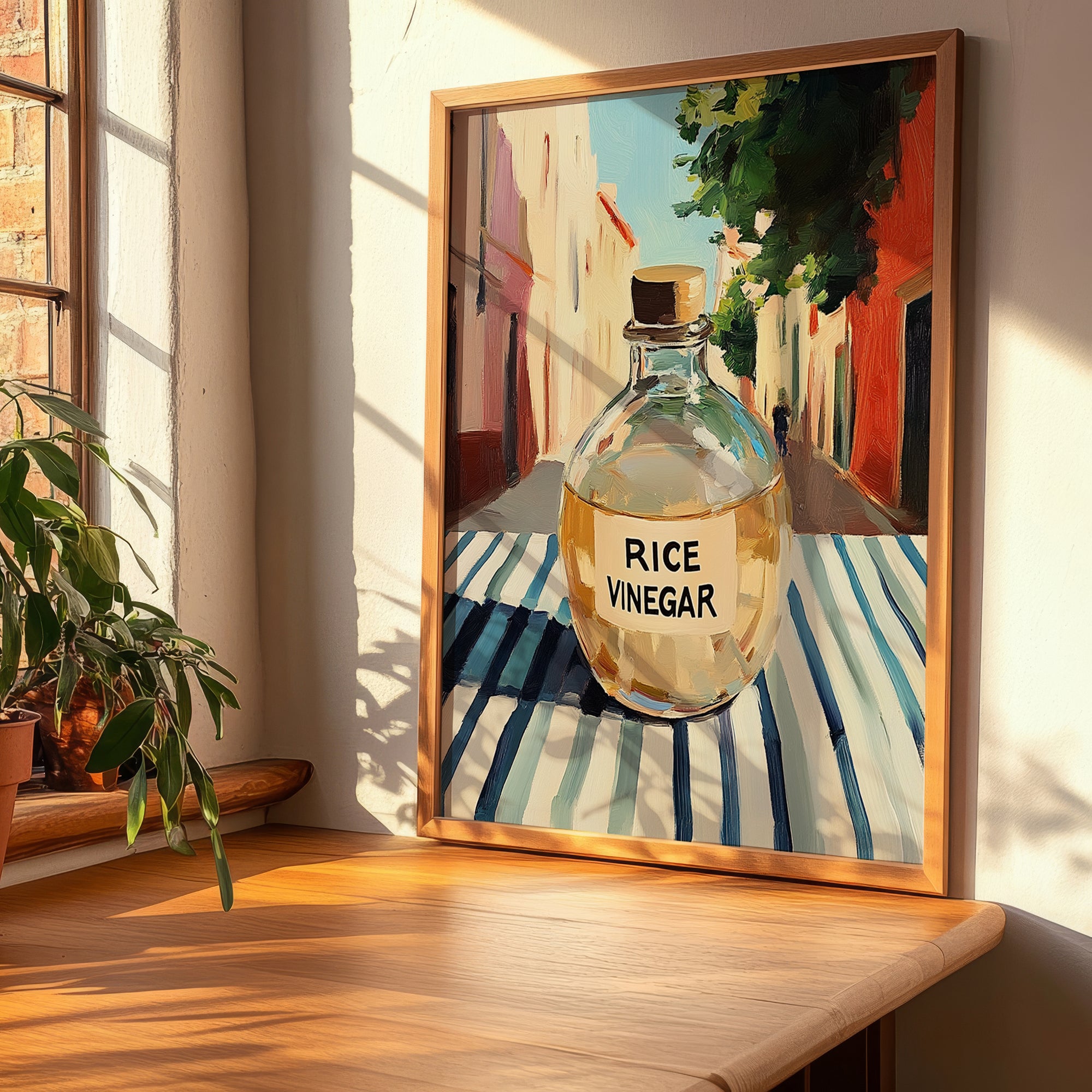 Rice Vinegar – Italian Outdoor Café Scene, Shelf Stock Still Life, clean layout with no caption