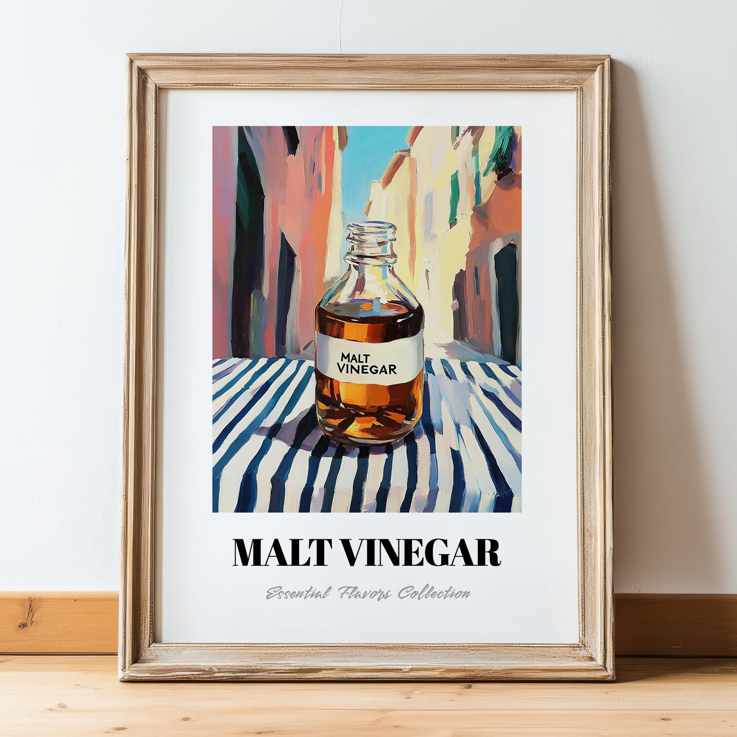 Malt Vinegar – Italian Café on the Corner, Pantry Illustration, in wooden frame leaning on the floor