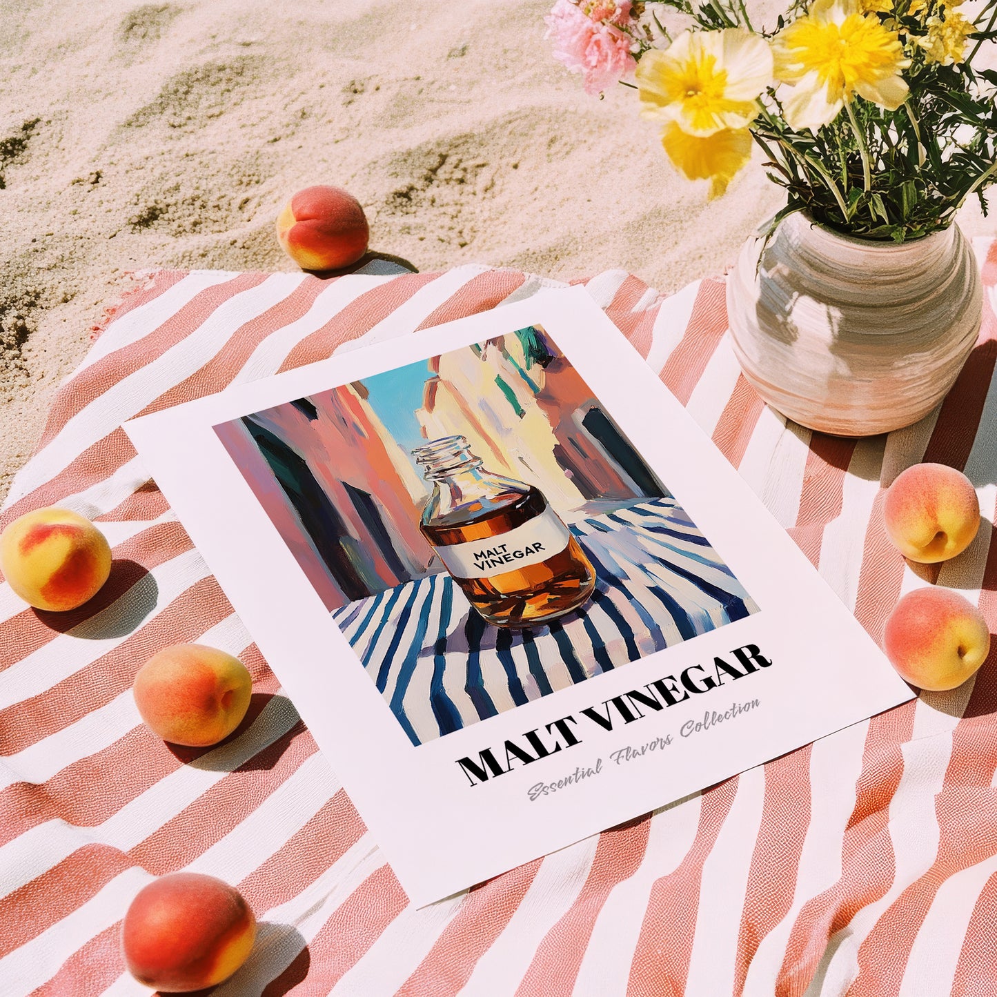 Malt Vinegar – Italian Café on the Corner, Pantry Illustration, unframed on coastal sand