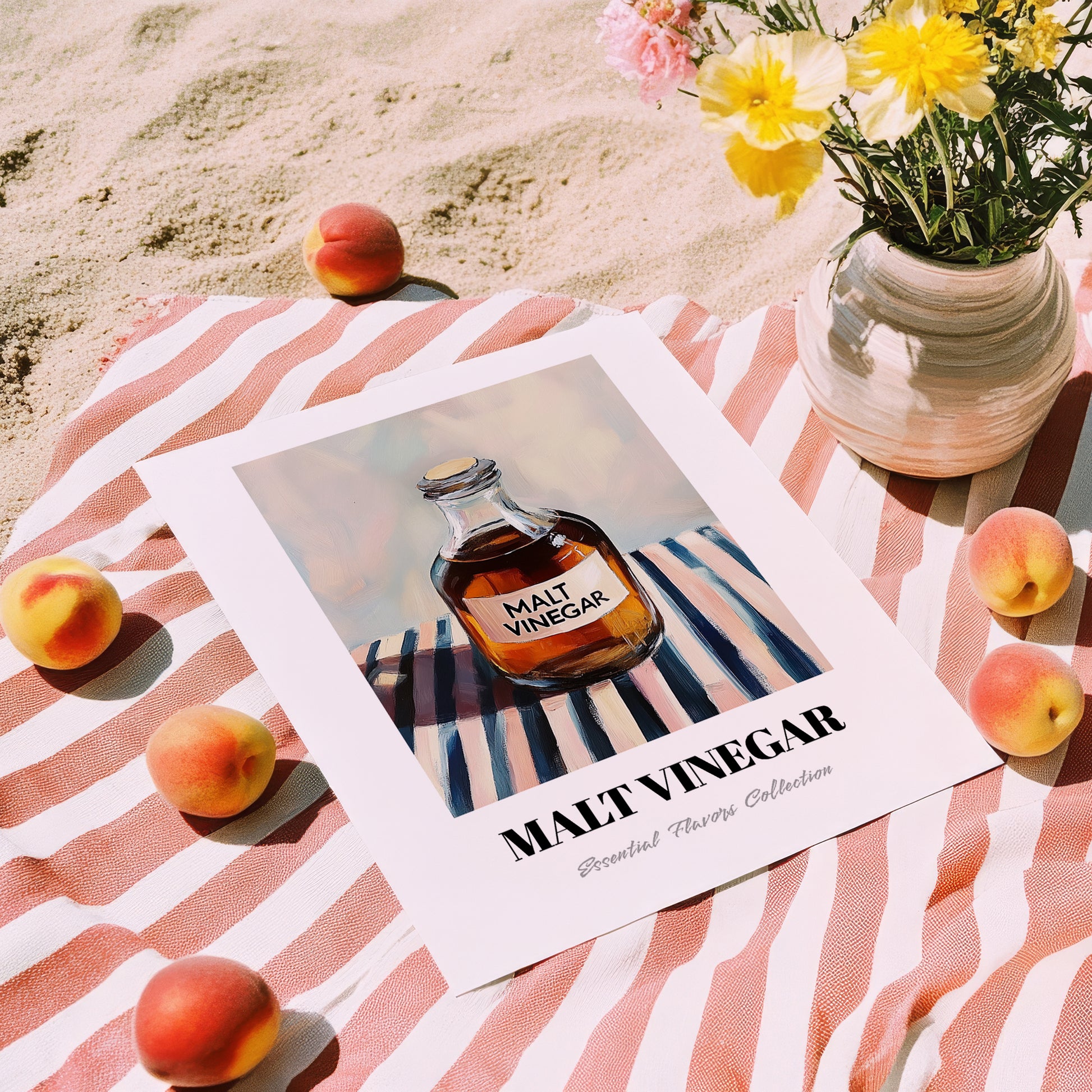 Malt Vinegar – on Striped Tablecloth, Food Stash Still Life, unframed on coastal sand