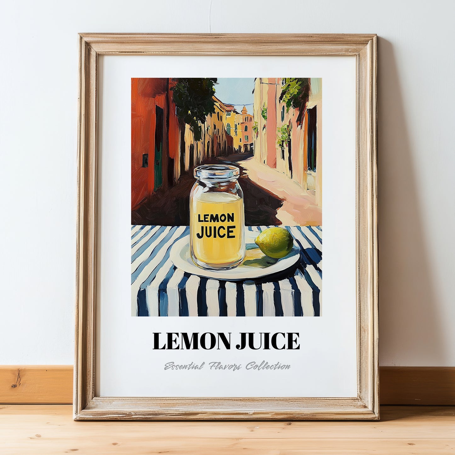 Lemon Juice – Italian Café on the Corner, Grocery Painting, in wooden frame leaning on the floor