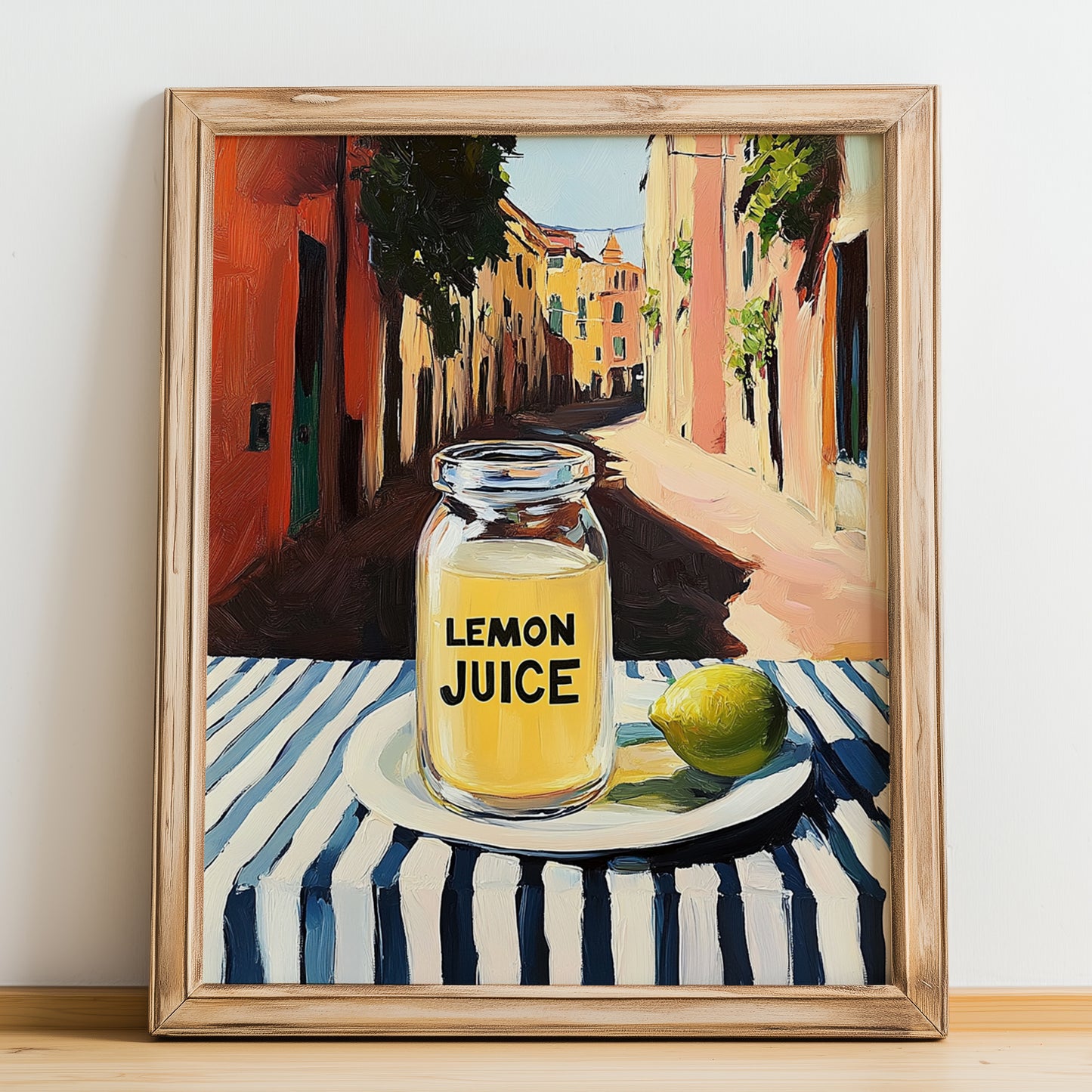 Lemon Juice – Italian Café on the Corner, Grocery Painting, no-text version framed in wood
