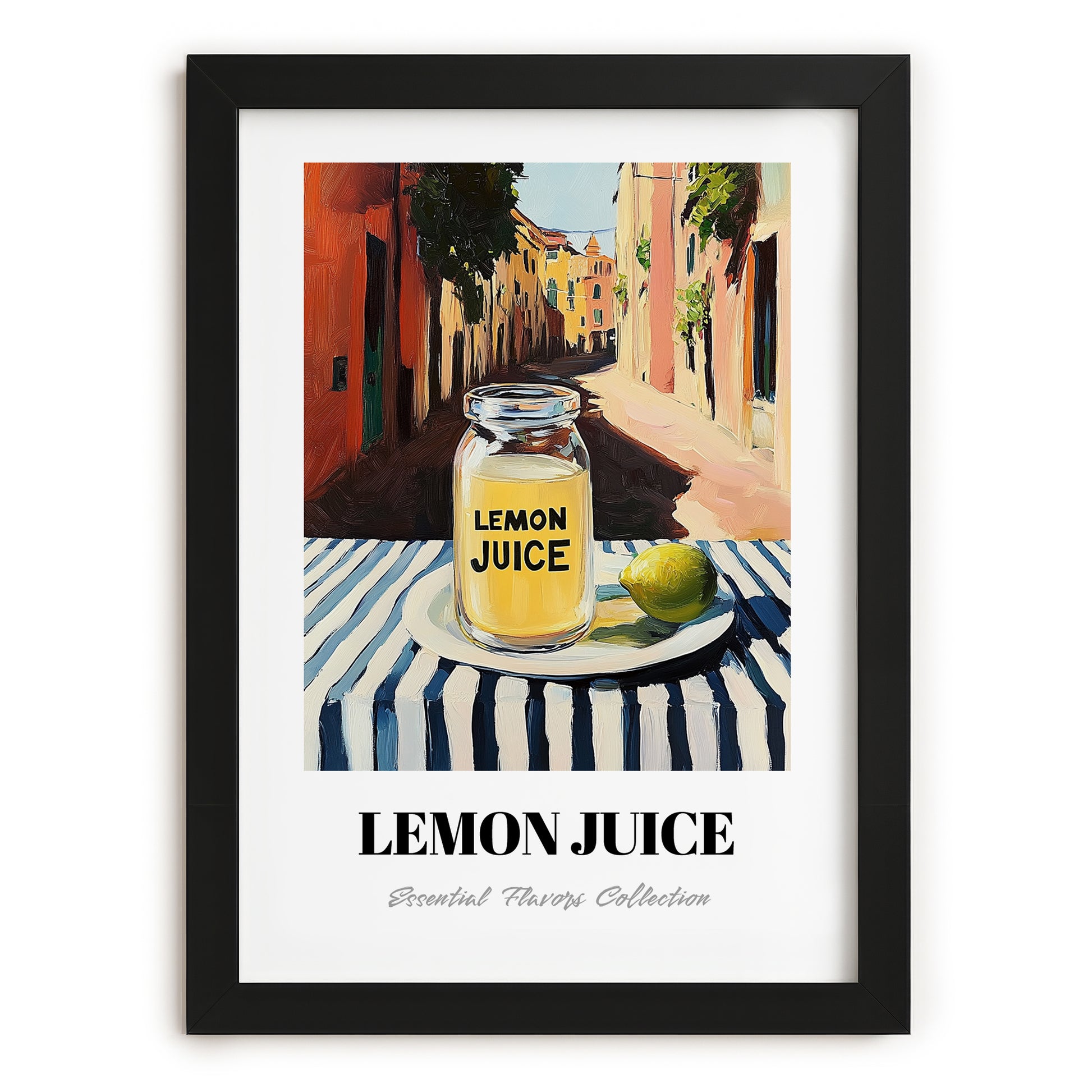 Lemon Juice – Italian Café on the Corner, Grocery Painting, in sleek black frame