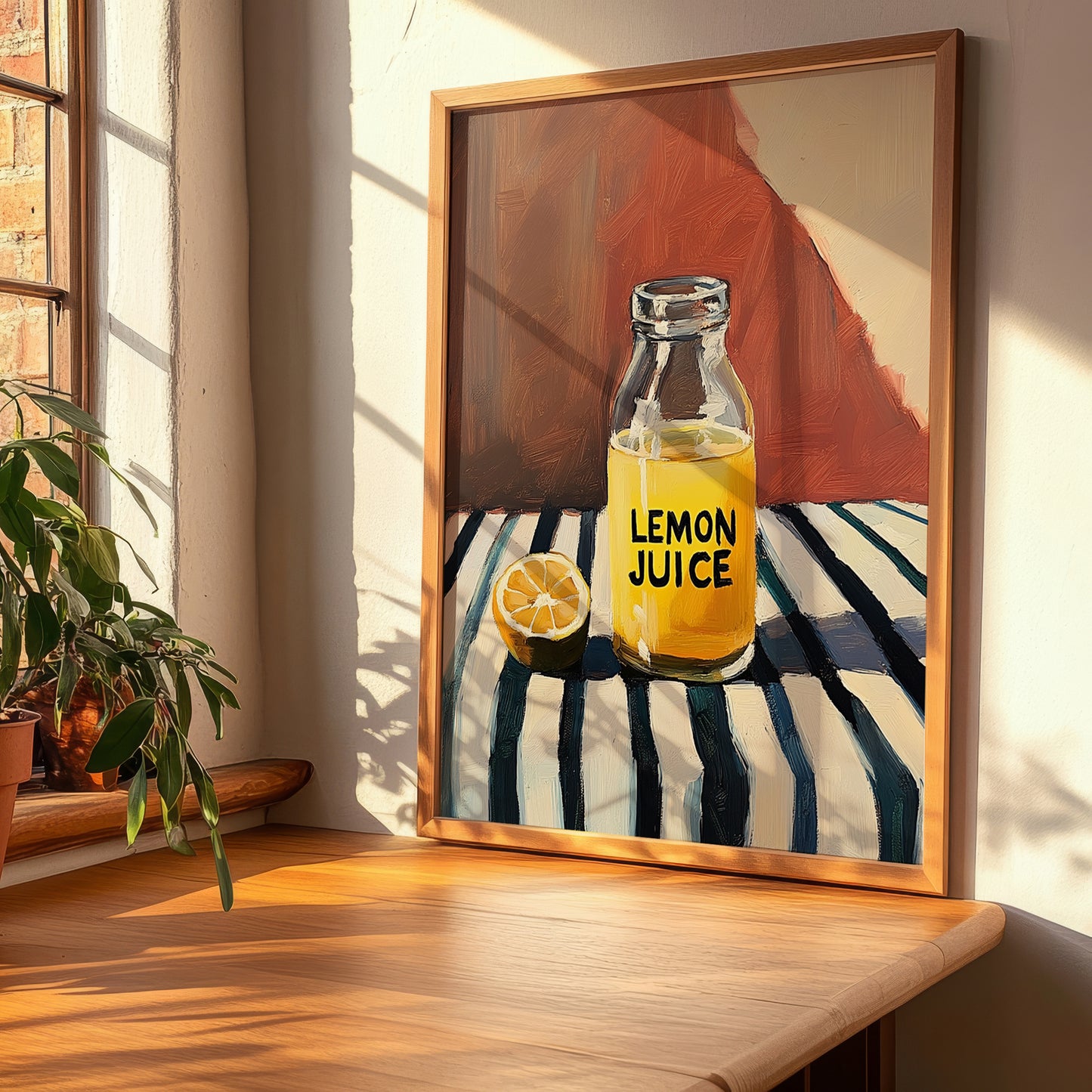 Lemon Juice – on Striped Tablecloth, Ingredients Corner Wall Art, clean layout with no caption