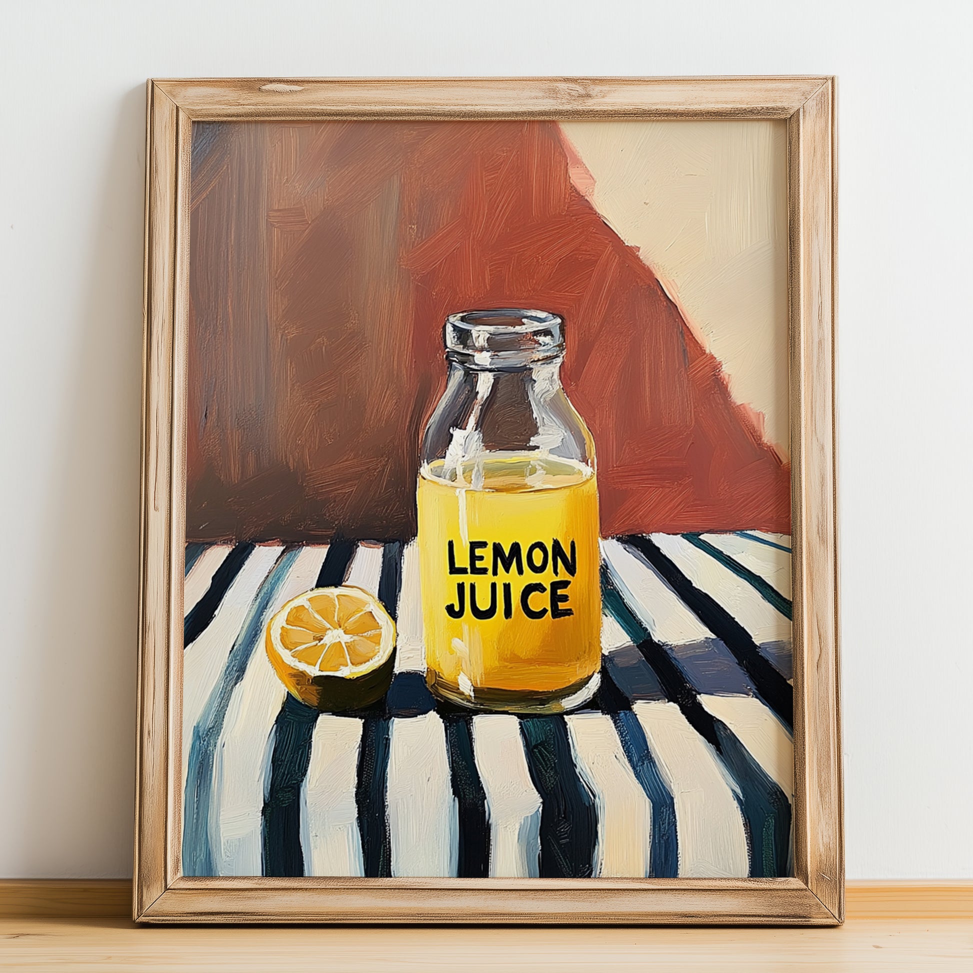 Lemon Juice – on Striped Tablecloth, Ingredients Corner Wall Art, no-text version framed in wood