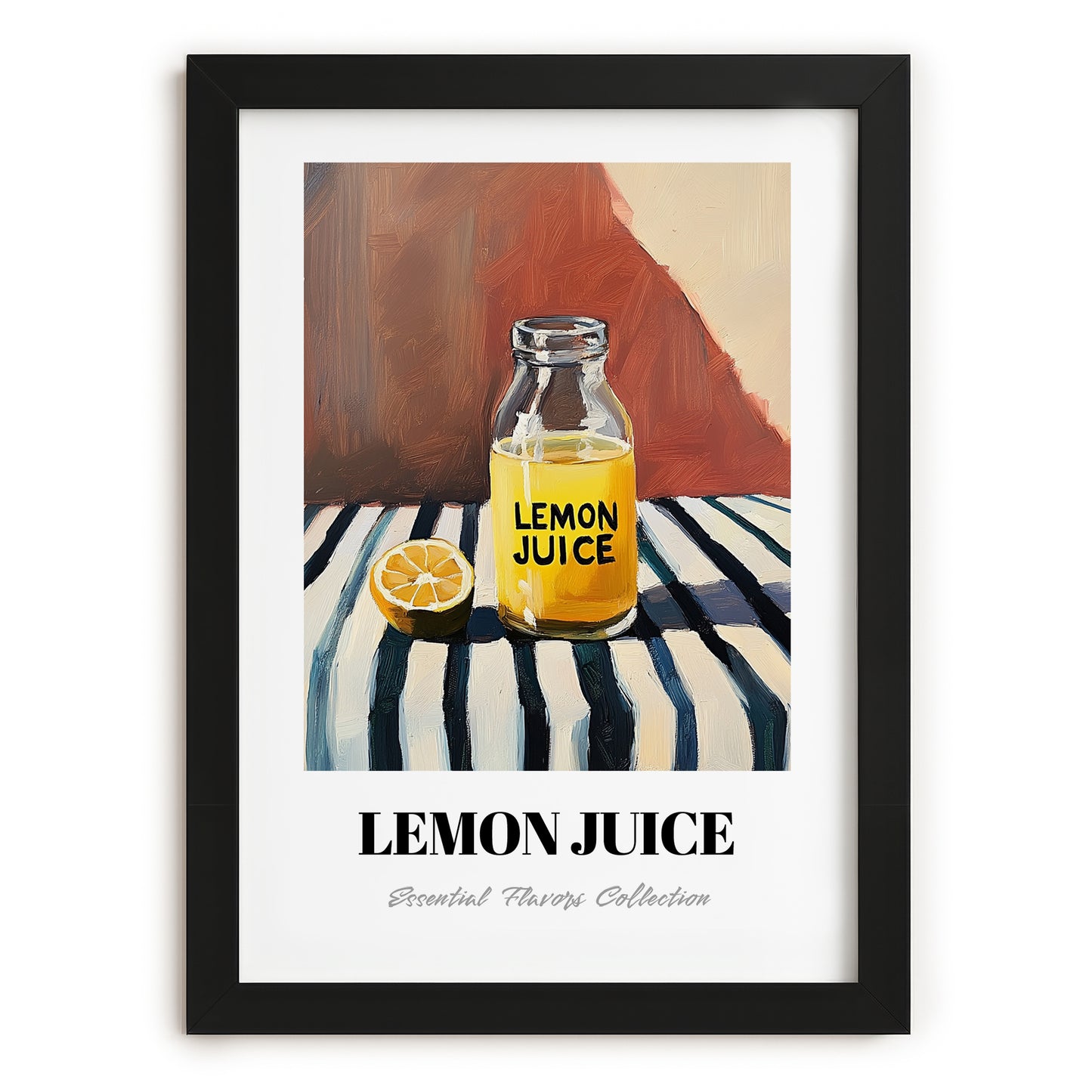 Lemon Juice – on Striped Tablecloth, Ingredients Corner Wall Art, in sleek black frame