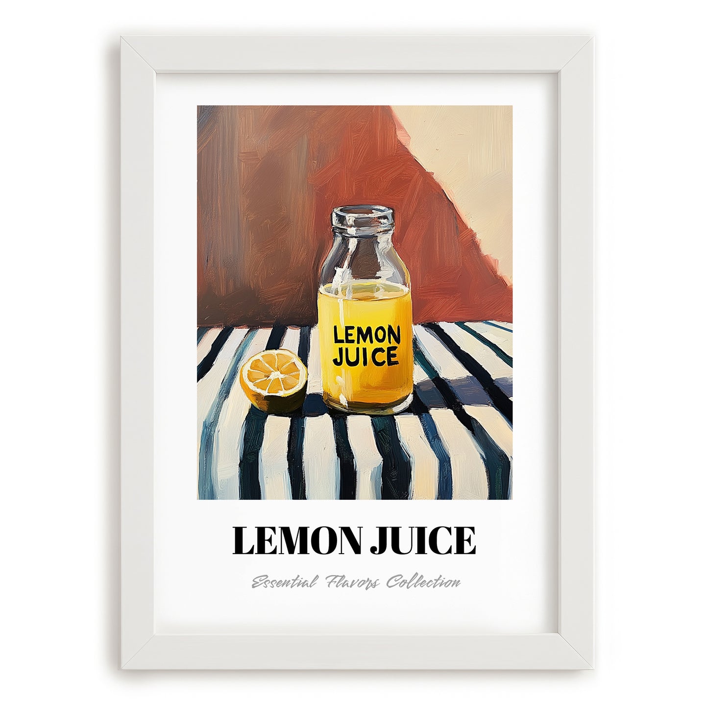 Lemon Juice – on Striped Tablecloth, Ingredients Corner Wall Art, placed in minimal white frame