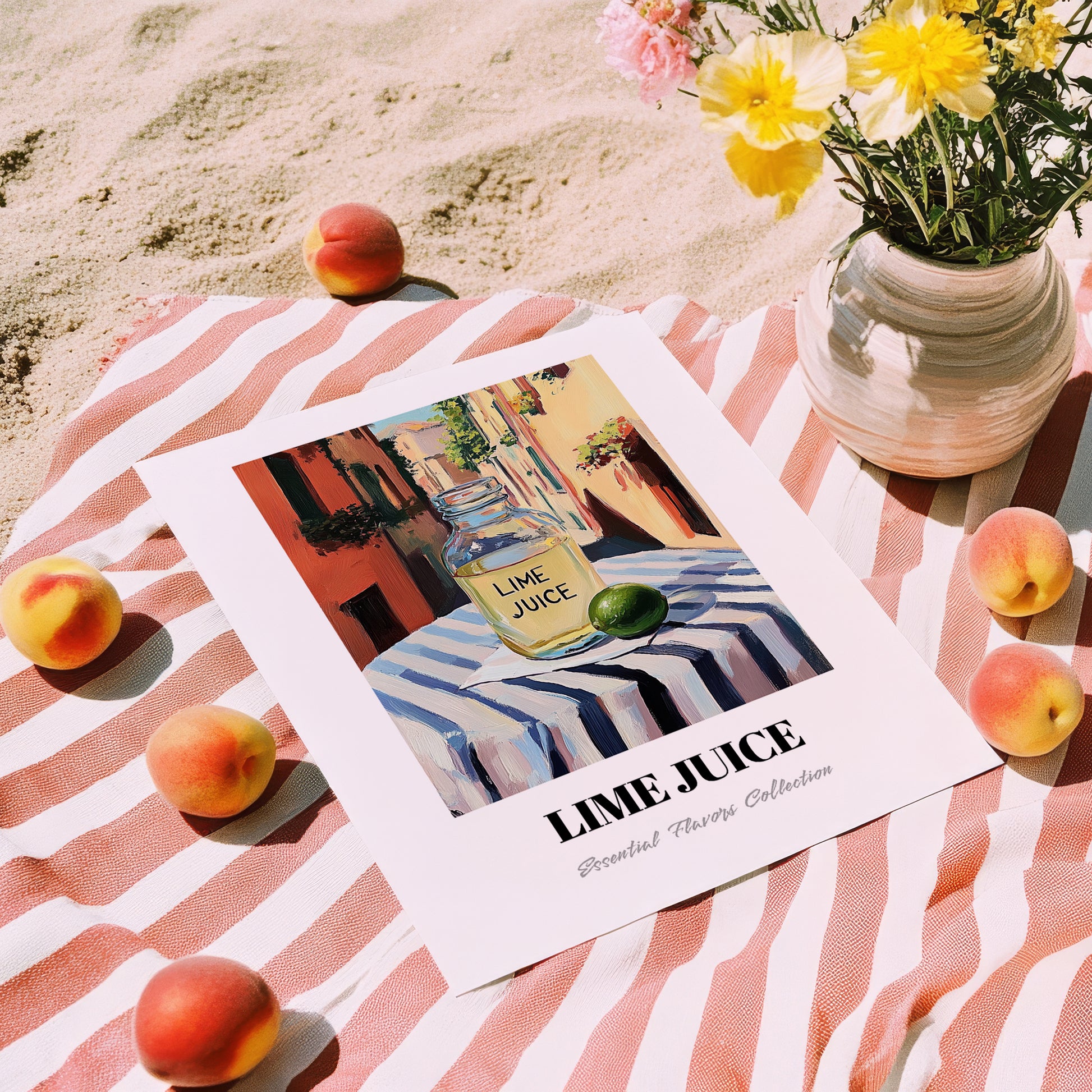 Lime Juice – Italian Street Café Scene, Pantry Still Life, unframed on coastal sand