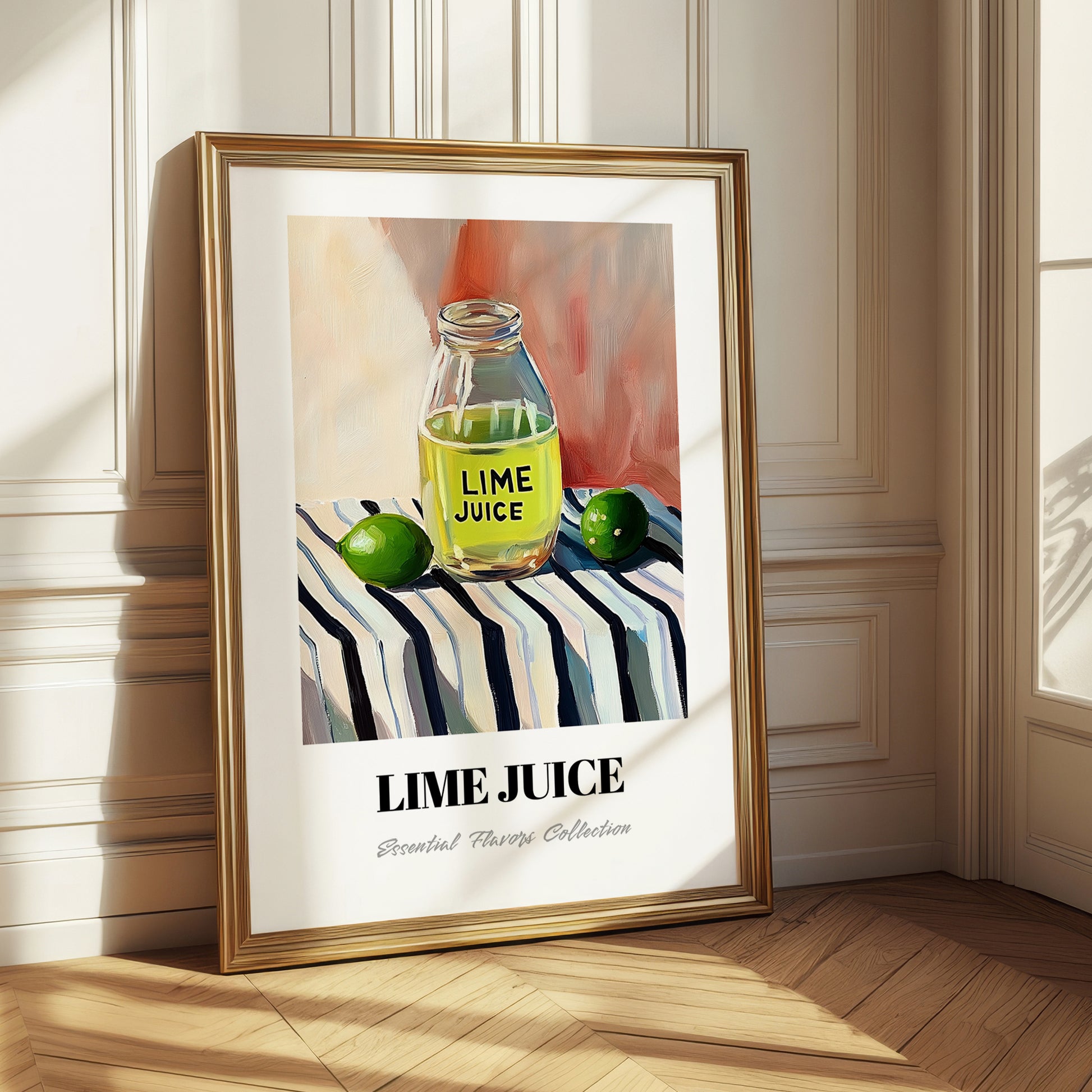 Lime Juice – on Striped Tablecloth, Food Shelf Still Life