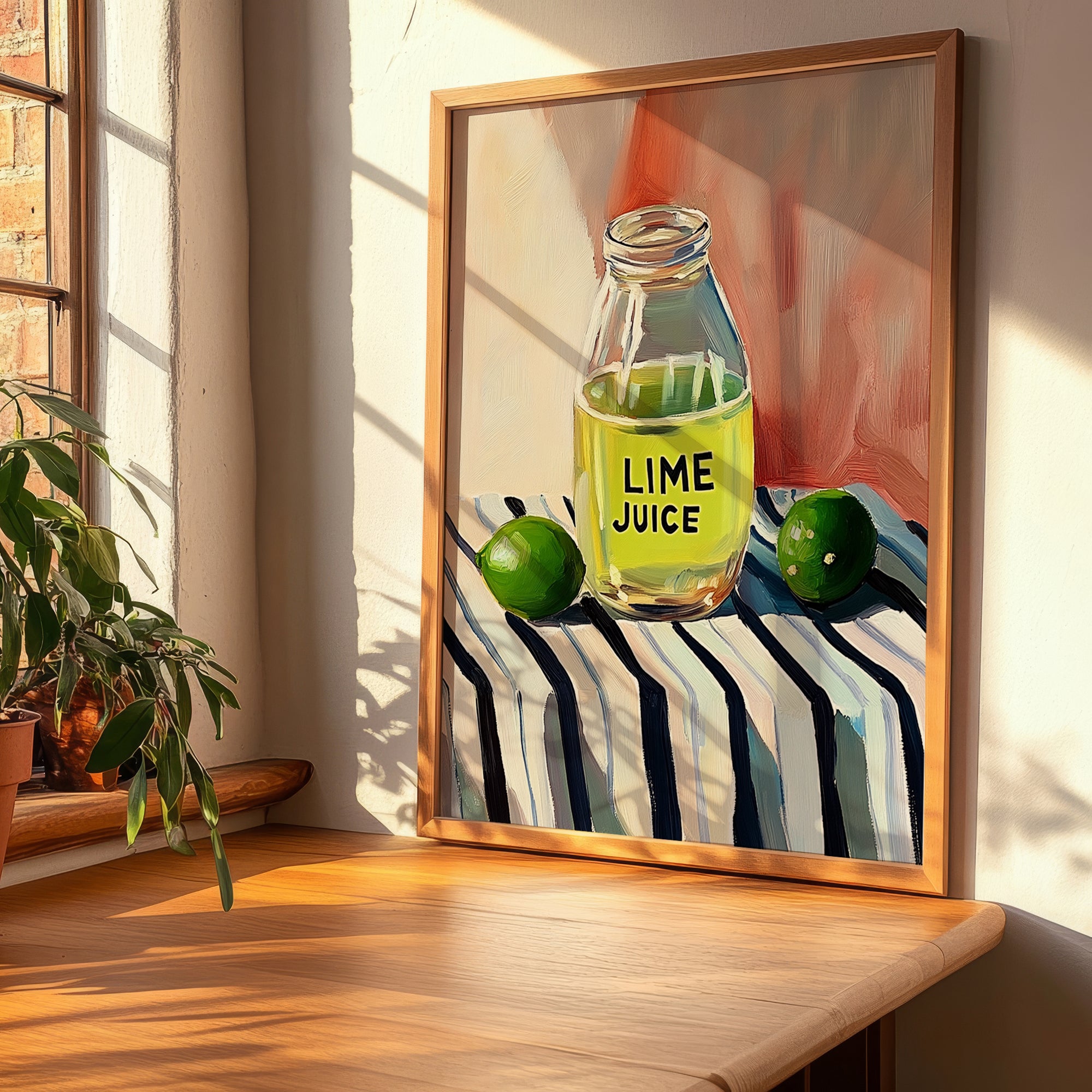 Lime Juice – on Striped Tablecloth, Food Shelf Still Life, clean layout with no caption